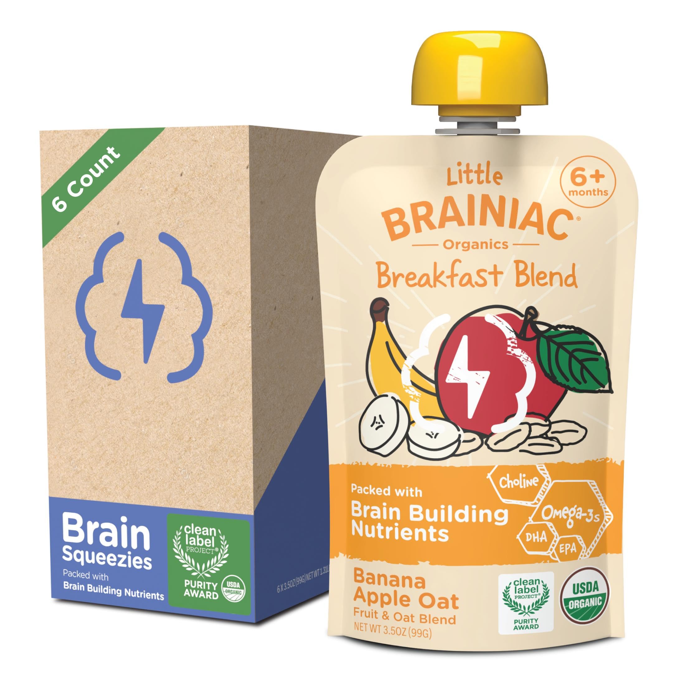 Little Brainiac Breakfast Blend Organic Fruit & Oat Toddler Pouches, Banana Apple Oat with Omega-3s DHA/EPA and Choline, Clean Label, BPA-Free,