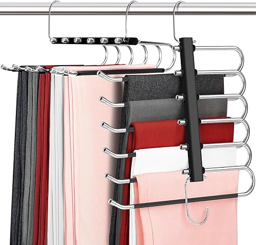 DOIOWN Perchas para pantalones que ahorran espacio paquete de 2 perchas de 6 niveles para pantalones con extremos abiertos para hombres y mujeres,