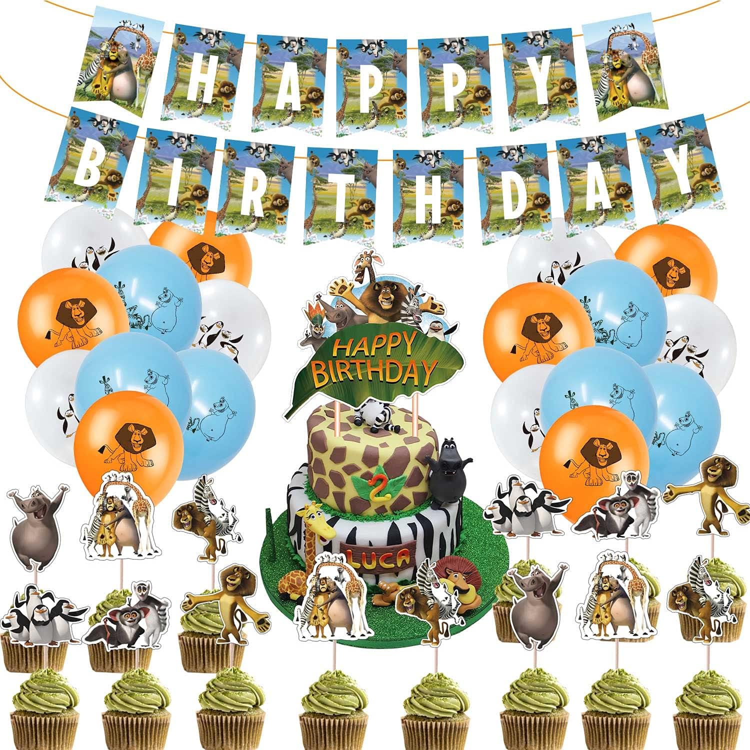 jj party Madagascar Them Birthday Party Decorations and Supplies Zoo Animal Crossing Jungle Woodland Animal Includes Banner Balloons Cake Topper for Kids