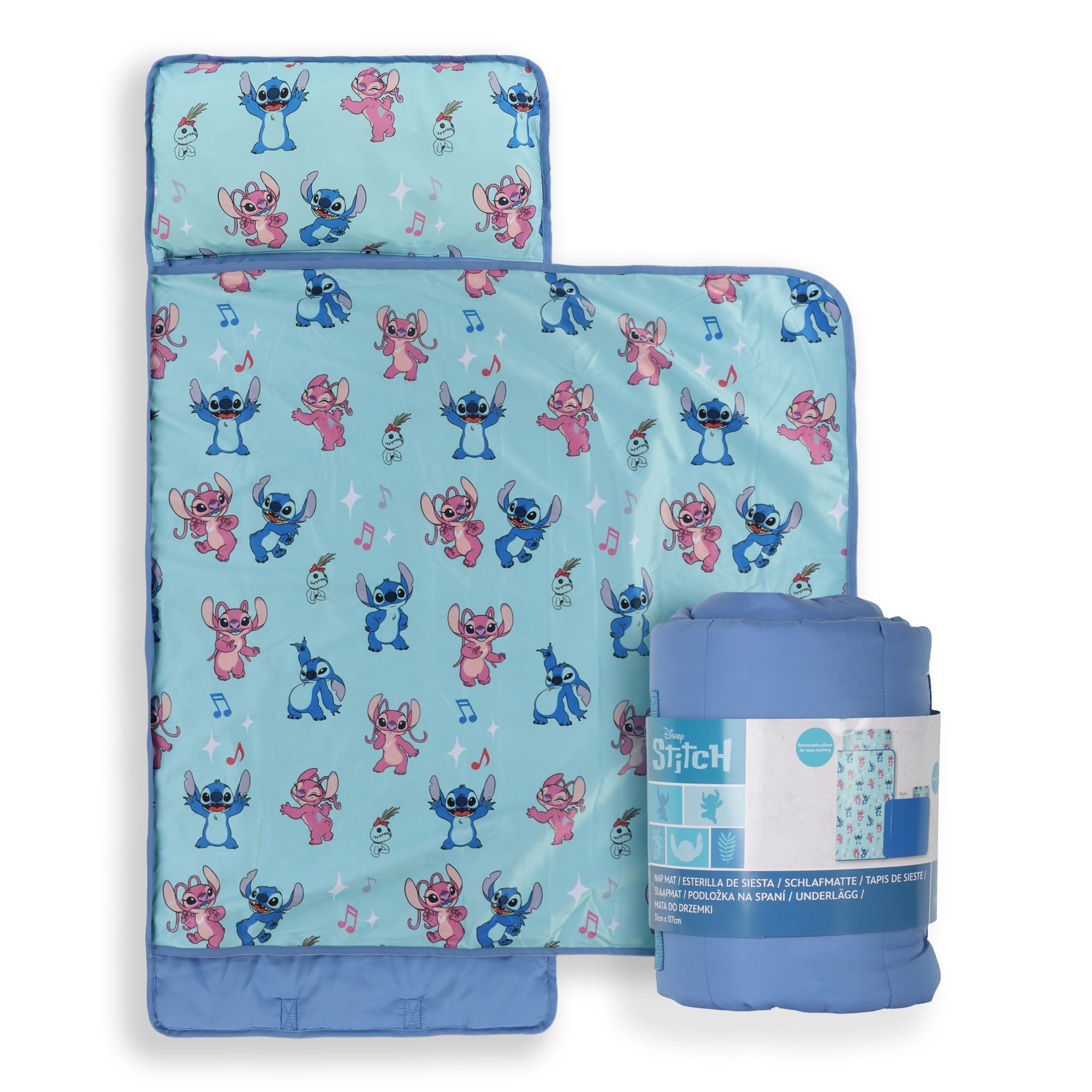Jay Franco Kids Nap Mat with Embedded Pillow & Blanket – Soft 46"x20" Microfiber Sleeping Bag with Name Tag & Handle for School, Travel, Sleepover, Blue - Lilo & Stitch
