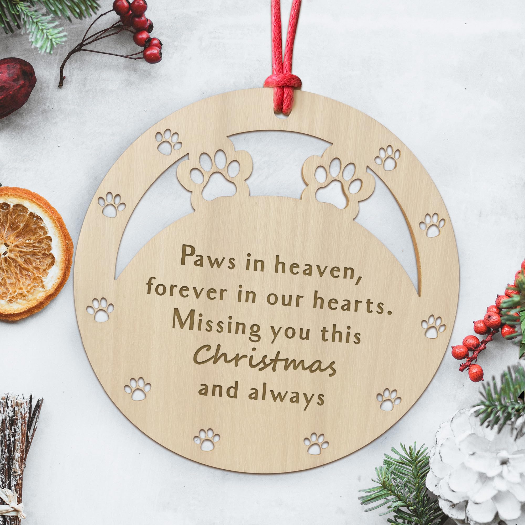 Dog Memory Christmas Wooden Engraved Bauble, Pet Puppy Memorial Xmas Decoration Gift, In Memory Of Cat Dog Pet Animal Ornament, Memorial Christmas Tree Decorations (Paws In Heaven)
