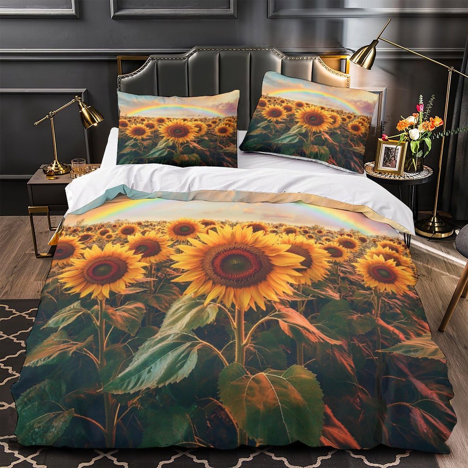 Housse de couette tournesols anti-plis grand lit King 3 pièces paysage