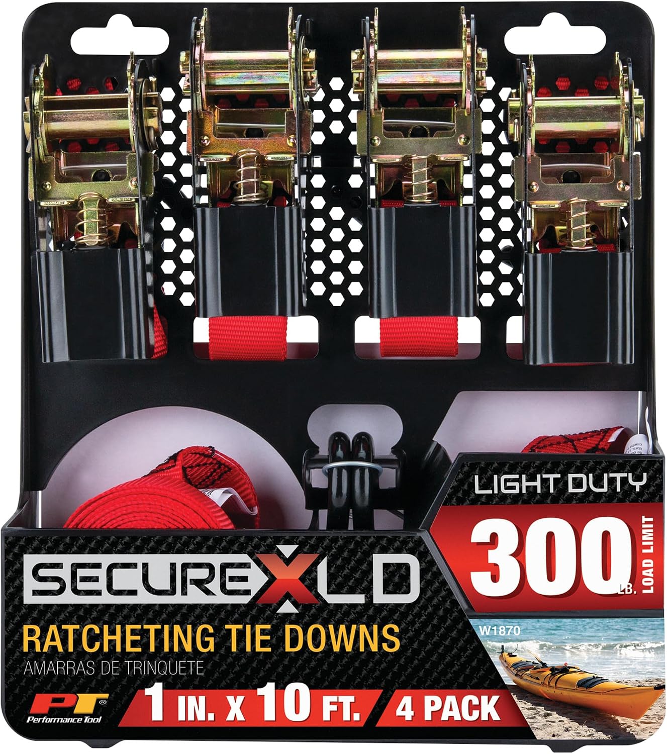 Performance Tool W1870 4Pk 1-Inch X 10' Tie Down Straps SecureX - Heavy Duty Ratchet Straps for Securing Cargo, Trucks, Trailers, and Boats