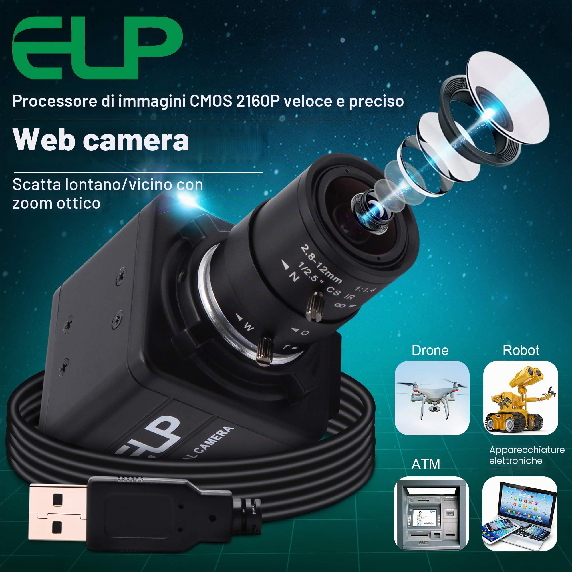 Fotocamera Web 4K, ultra HD IMX317, con obiettivo zoom da 5 – 50 mm, 3840x2160 @ 30 fps,2160P USB Videoconferenza webcam per Windows/Linux/Raspberry Pi USB4KHDR01-MFV (5-50)