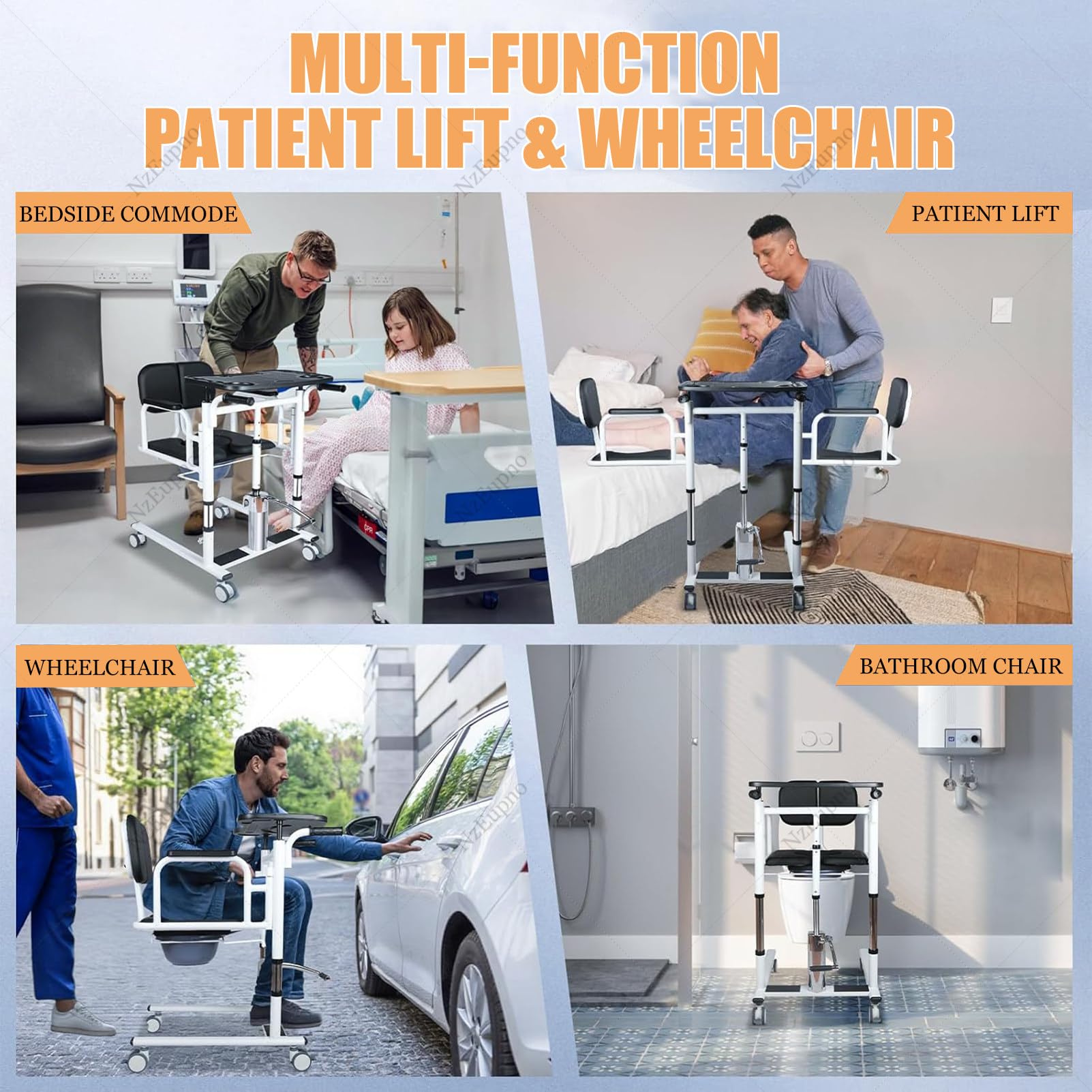 Silla Elevadora De Transferencia Para Pacientes Ancianos Y Discapacitados, 440 lb Silla De Ruedas Auxiliar Con Inodoro, Asiento Abatible 180° Para Traslado Desde La Cama A La Ducha/Inodoro/Sofá Orange