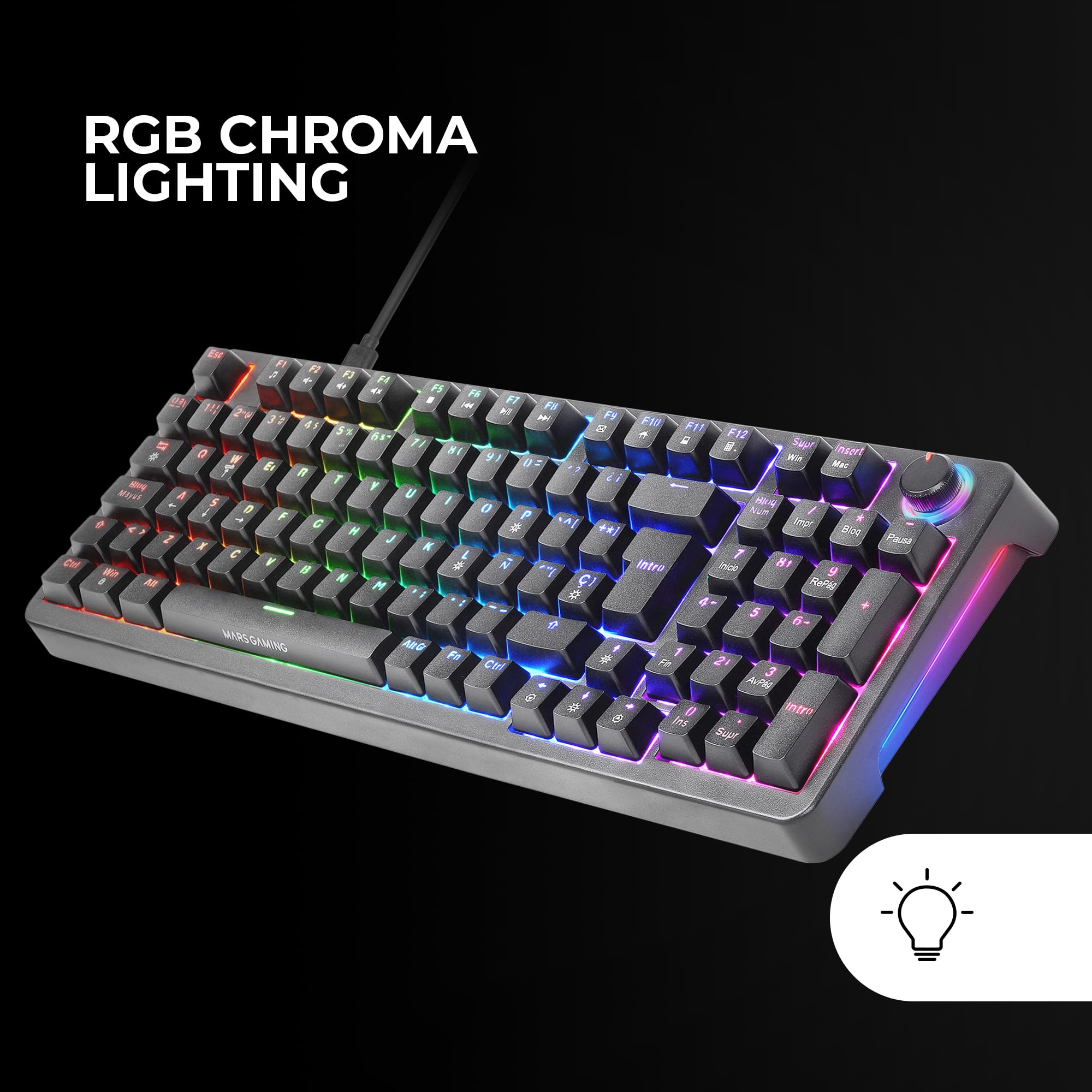 Mars Gaming MKPRO, Español, Teclado Mecánico Gaming Completo, RGB Chroma, Switches Hot-Swap Mecánicos, Antighosting, Rueda de Control, Software, Multiplataforma, Switch Azul, Negro