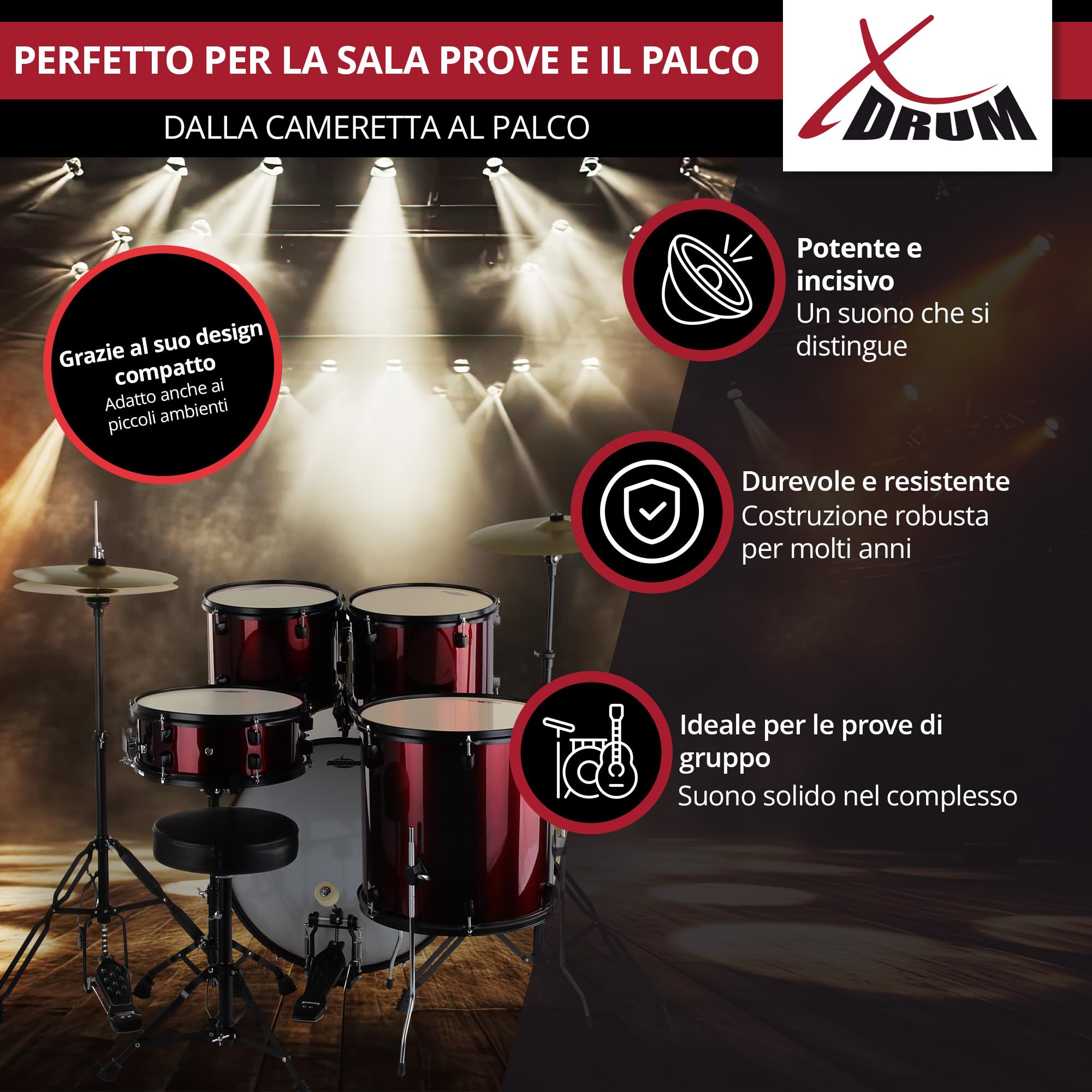 XDrum Rookie 22" Standard Set Batteria Completa Ruby Red - Ideale per Principianti - Hardware Elegante in nero - Incl. Bacchette 5B, Istruzioni di Montaggio e Scuola di Batteria - Rosso