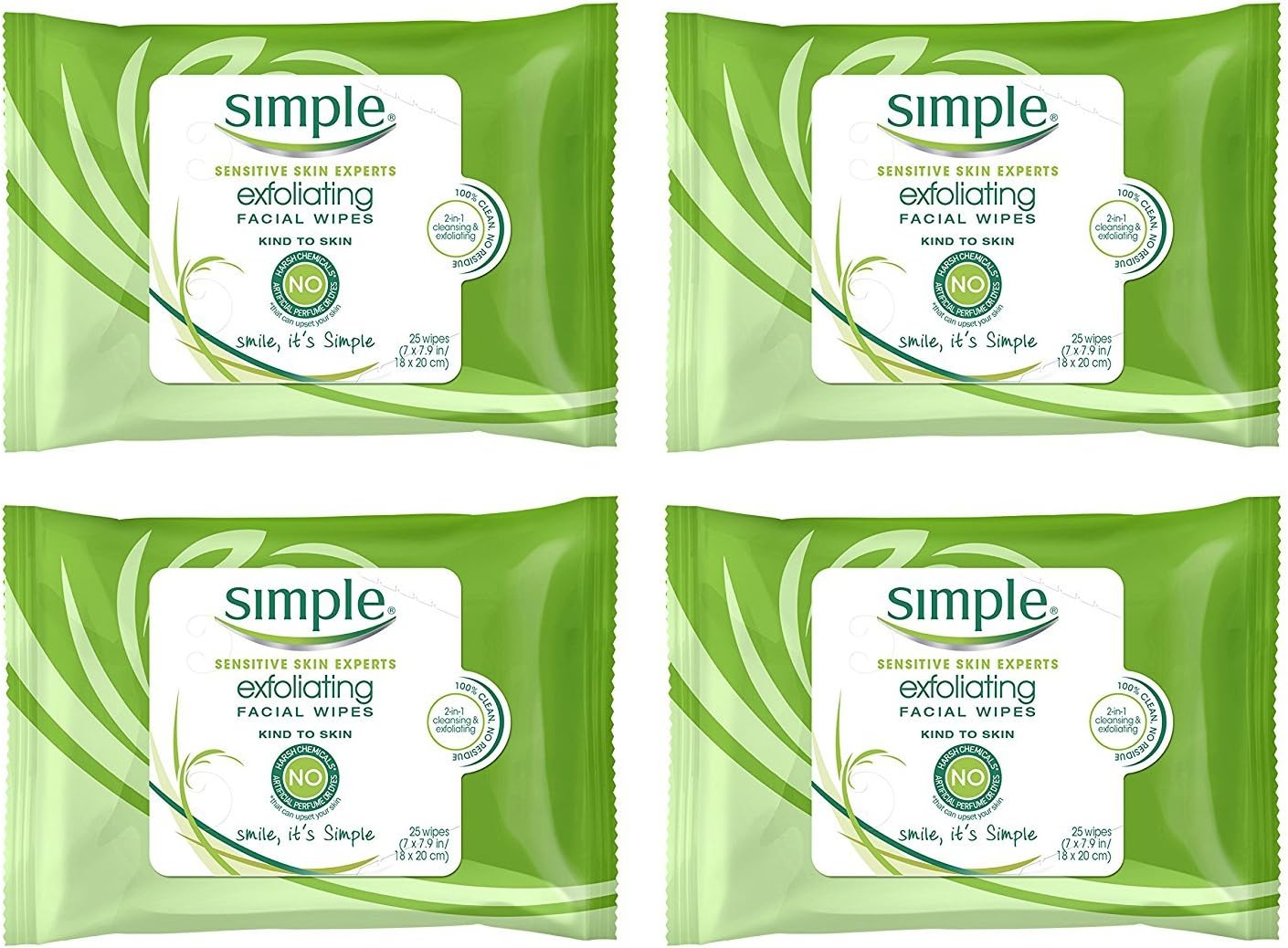Simple Kind to Skin Cleansing Wipes Gentle and Effective Makeup Remover Exfoliating Free from color and dye, artificial perfume and harsh chemicals, 25 Count (Pack of 4)