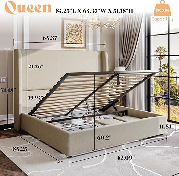 AMERLIFE Lift Up Storage Bed Queen Size Linen Upholstered Platform Bed Frame, Hydraulic Storage,Modern Wingback Headboard, No Box Spring Needed, Khaki