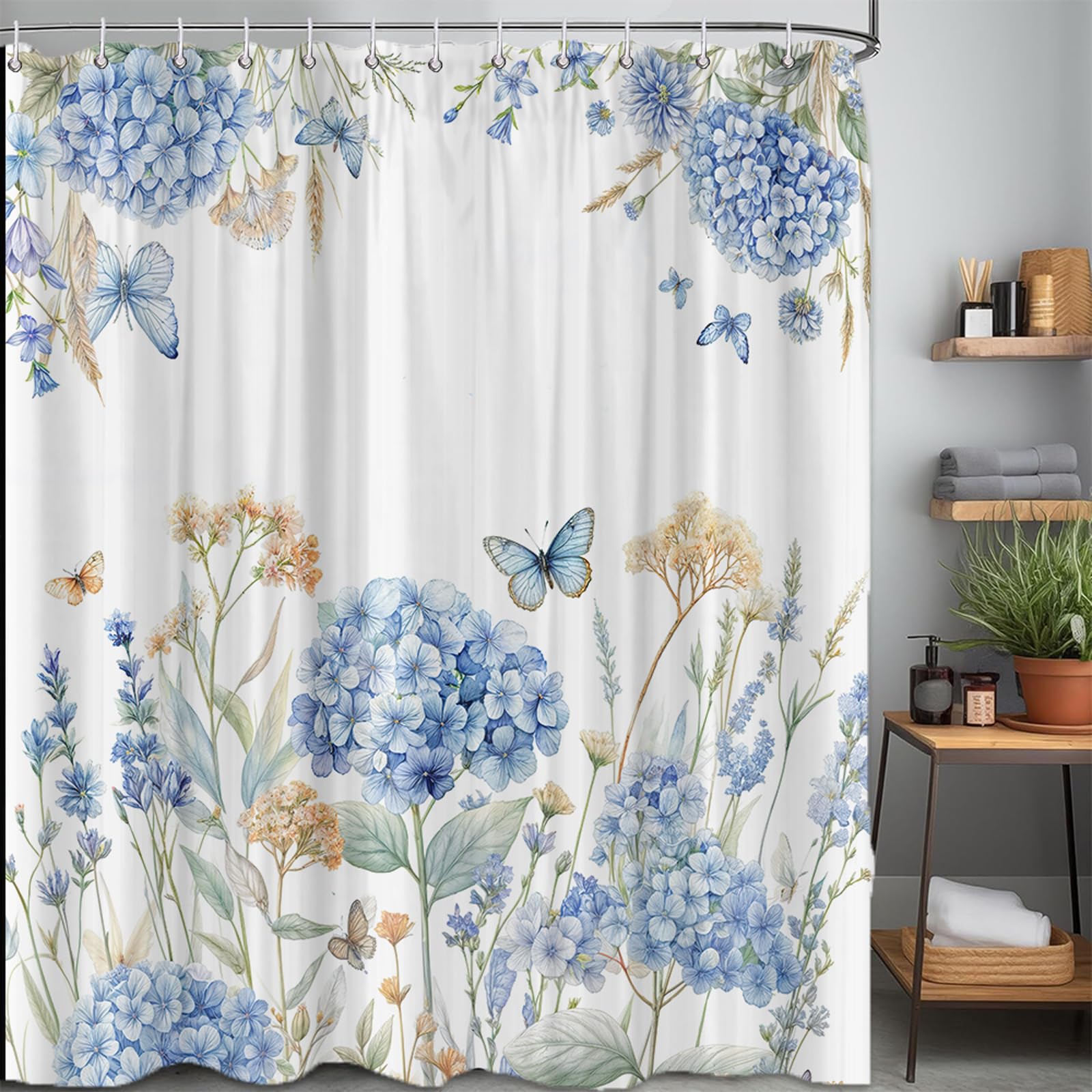 Blue Floral Shower Curtain, Watercolor Butterfly Leaves Flowers Shower Curtain Set for Bathroom, Farmhouse Wildflower Fabric Restroom Bathtub Decor Accessories with Hooks 72X 72 inch