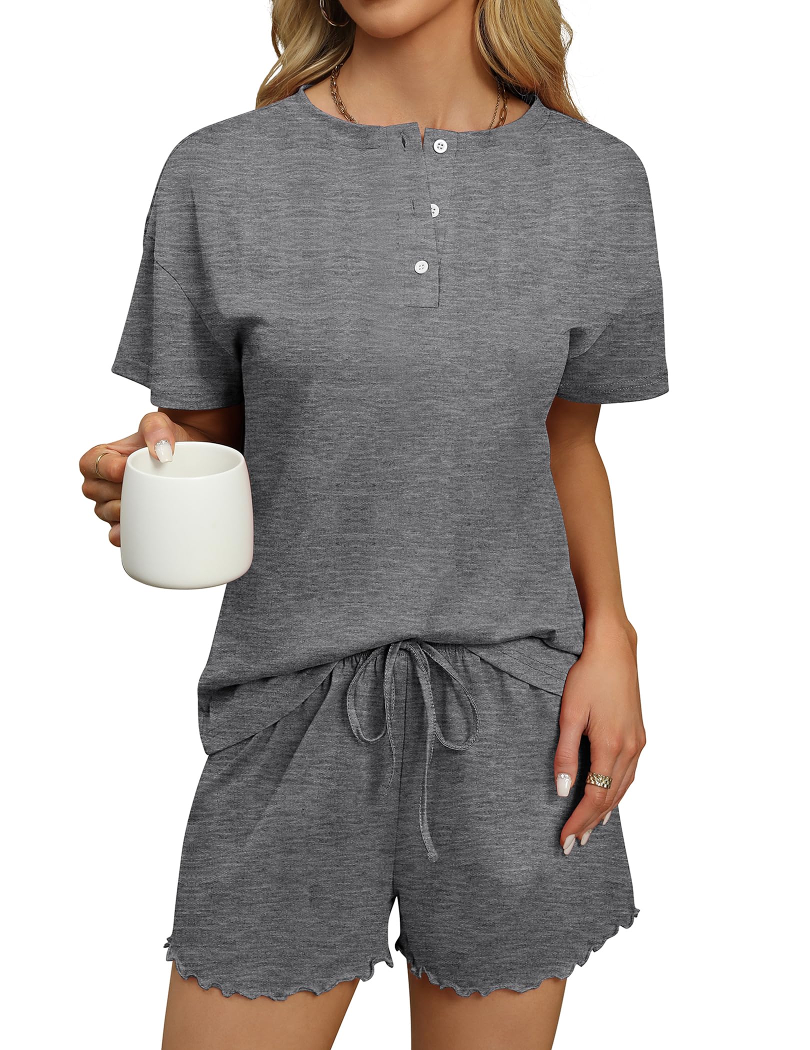 Ekouaer Conjunto de pijama de 2 piezas para mujer, conjunto de pijama de manga corta, suave y cómodo, ropa de dormir S-XXL