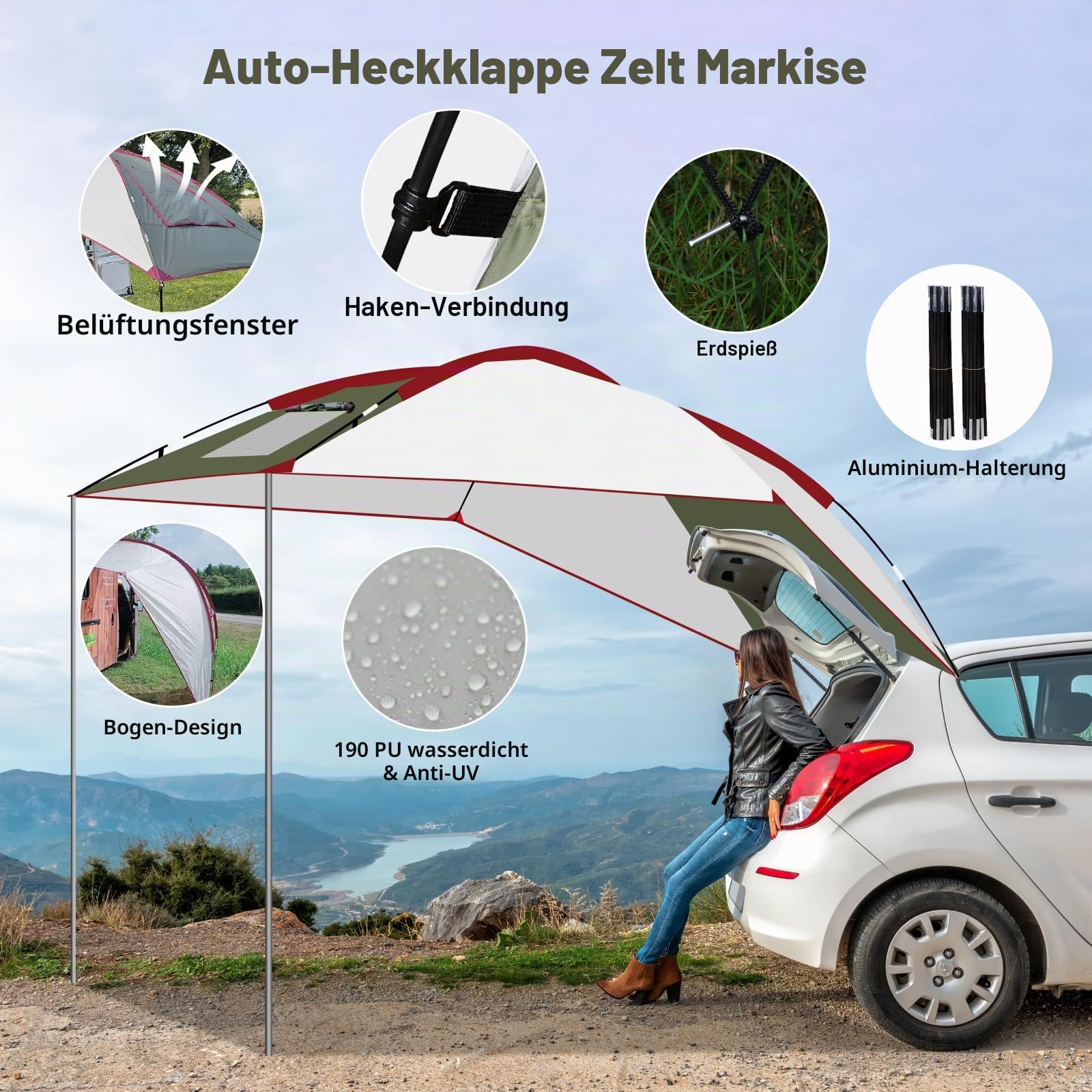 Autozelt Sonnendach für Camper, SUV & Wohnwagen, Tragbare Campingbus Markise Sonnensegel Wasserdicht, Busvorzelt Dachzelt Heckzelt Sonnenschutz für Outdoor Camping Selbstfahrer, 2.4X1.9X2m