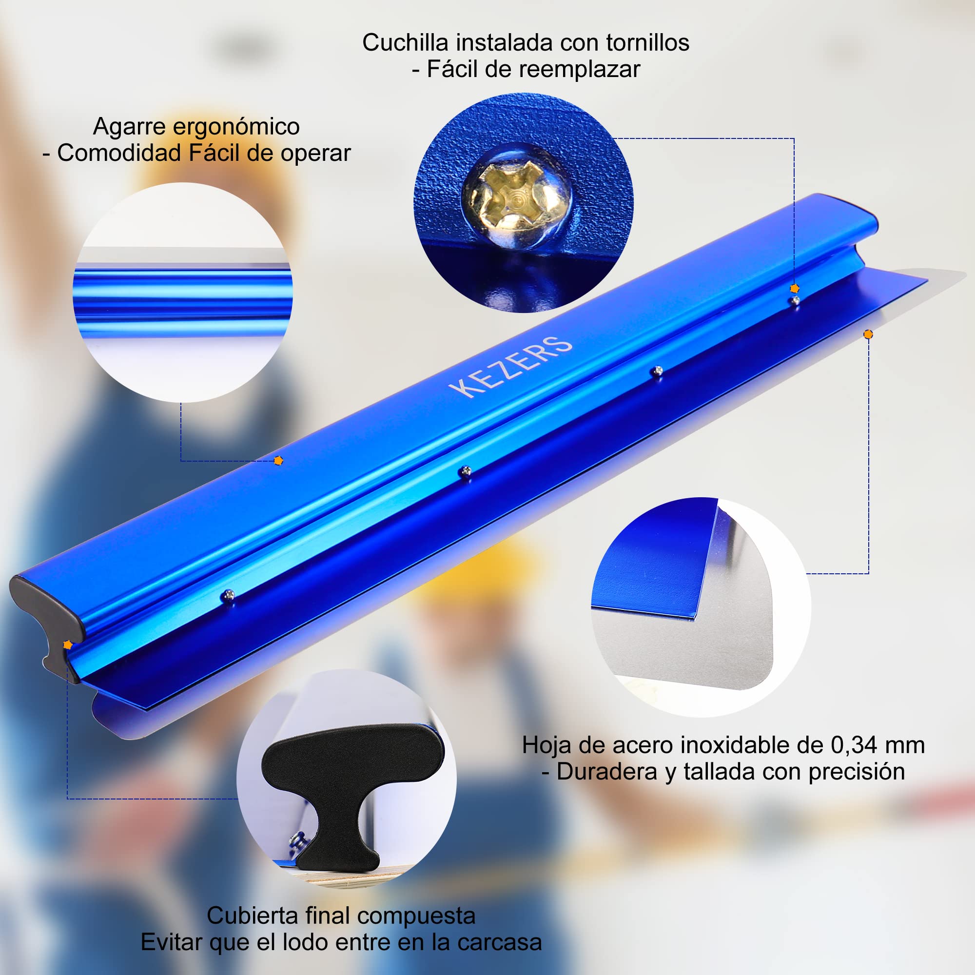KEZERS 55cm Espátula de alisado,llana alisar paredes de acero inoxidable de 0,3 mm, Skimming Blade,Espatulas alisado paredes con tapones de alto impacto,Espátula de desnatación para paneles de yeso
