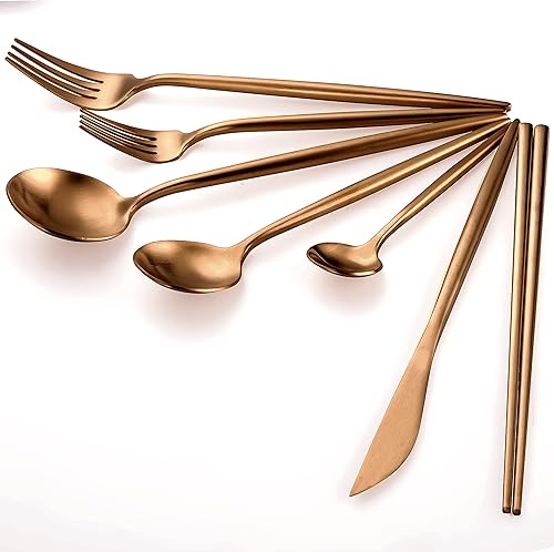 Miniatura 6 de KiiZYs - Juego de cubiertos de cobre, palillos reutilizables, juego de utensilios de cocina de acero inoxidable de 14 piezas, accesorios de cocina,