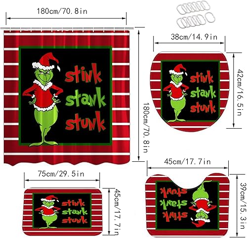 Miniatura 4 de Juego de 4 cortinas de ducha de Navidad, juego de cortina de ducha de Navidad con alfombras, cubierta de tapa de inodoro y tapete de baño para baño,