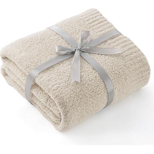 Bedsure Super Soft Knit Throw Blanket - Warm Cozy Reversible Beige Blanket, Fluffy Fuzzy Plush Lightweight Blanket for Couch Sofa Bed (50" x 60")