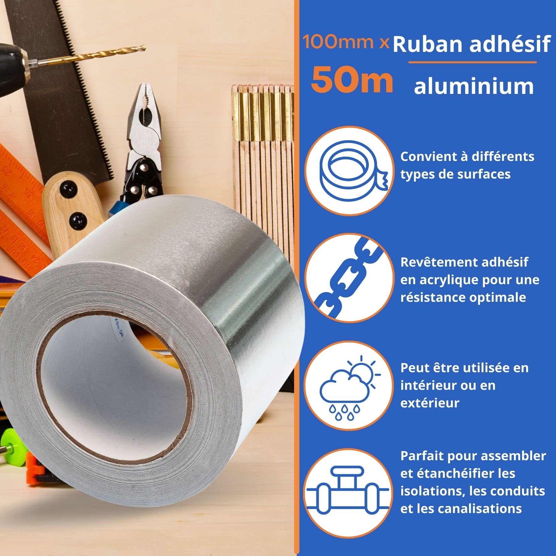 Gocableties - Format Large Ruban adhésif en aluminium - 100 mm x 50 m - autocollant - imperméable et résistant à la chaleur - pour étanchéifier, réparer, isoler, ventialtion - 1 Rouleau