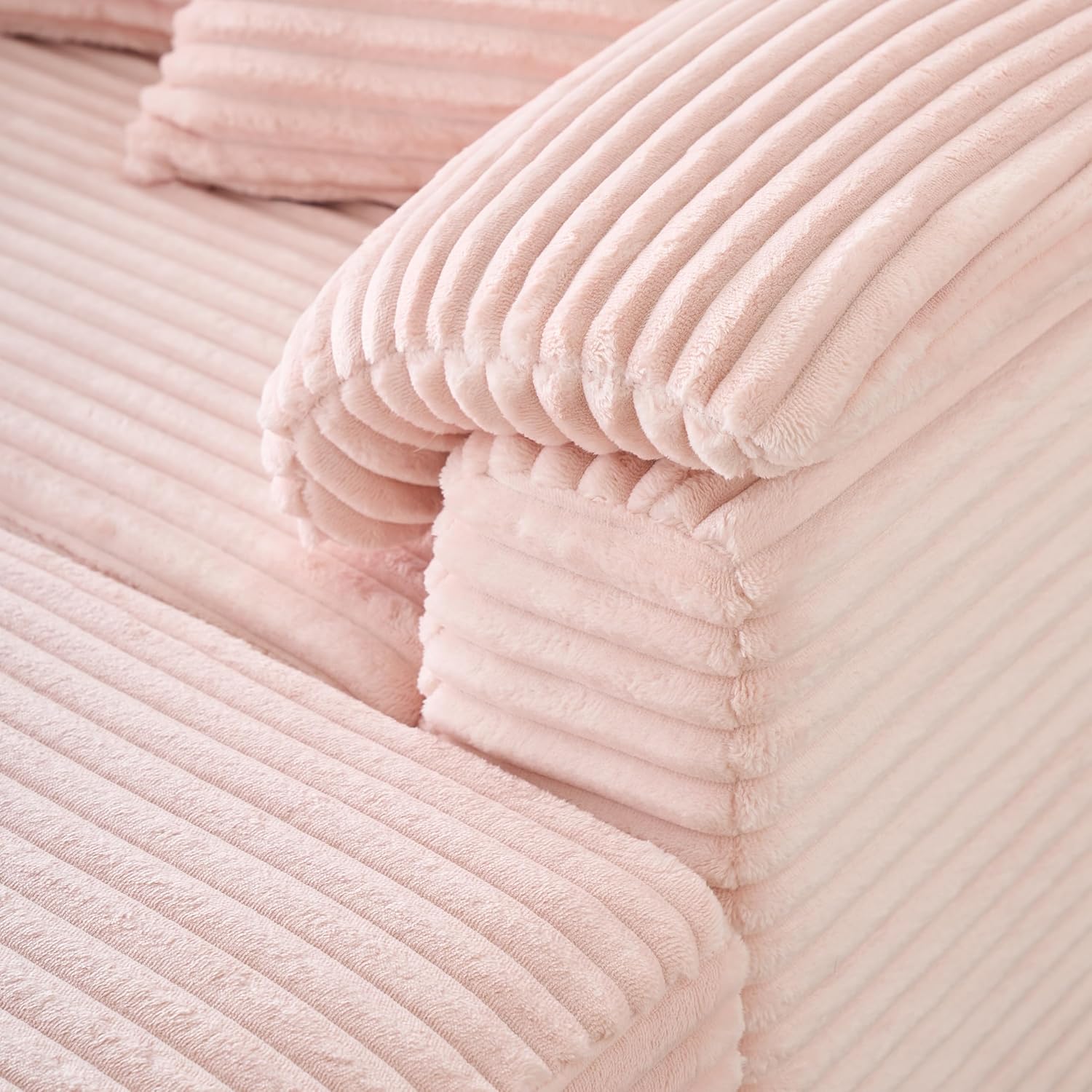 Oversized Chaise Lounge Chair with Storage Ottoman & USB Ports, Fluffy Corduroy Cloud Couch Sleeper Sofa Bed with Arm Rest, Comfy Overstuffed Sofa Chair Set for Living Room, Bedroom (Pink)