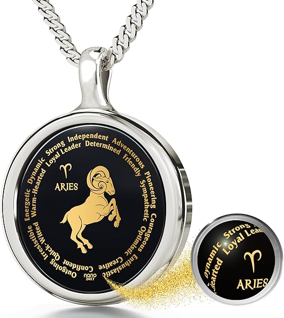 Aries Necklace Zodiac Pendant for Birthdays 21st March to 19th April with Star Sign and Personality Characteristics Inscribed in 24k Gold on Round Black Onyx Gemstone, 18