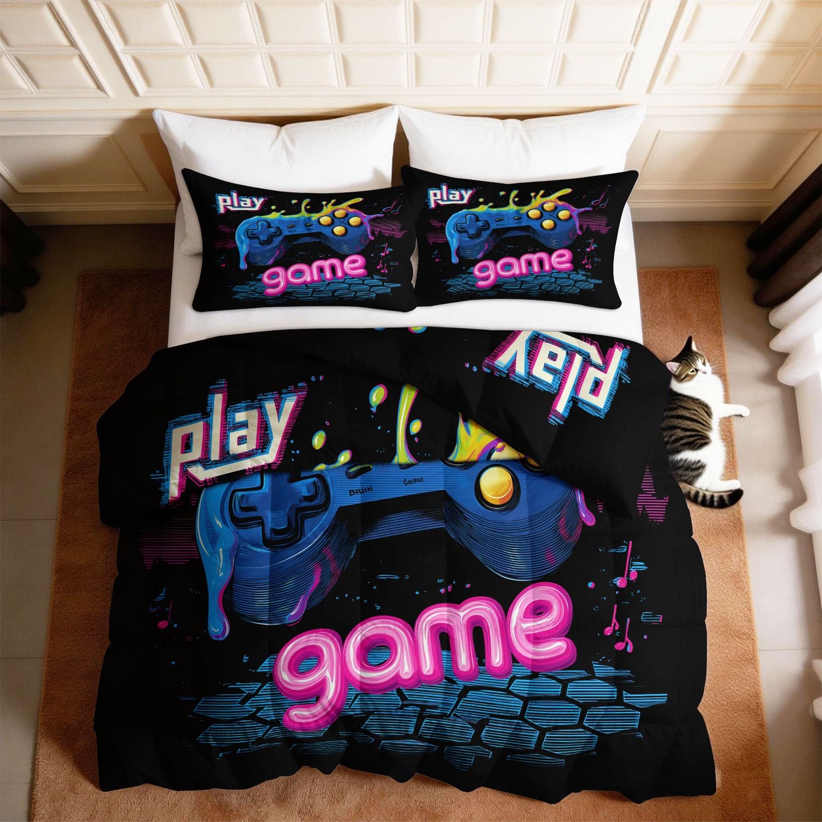 Edredón reversible individual ligero con motivos de graffiti y gamepad