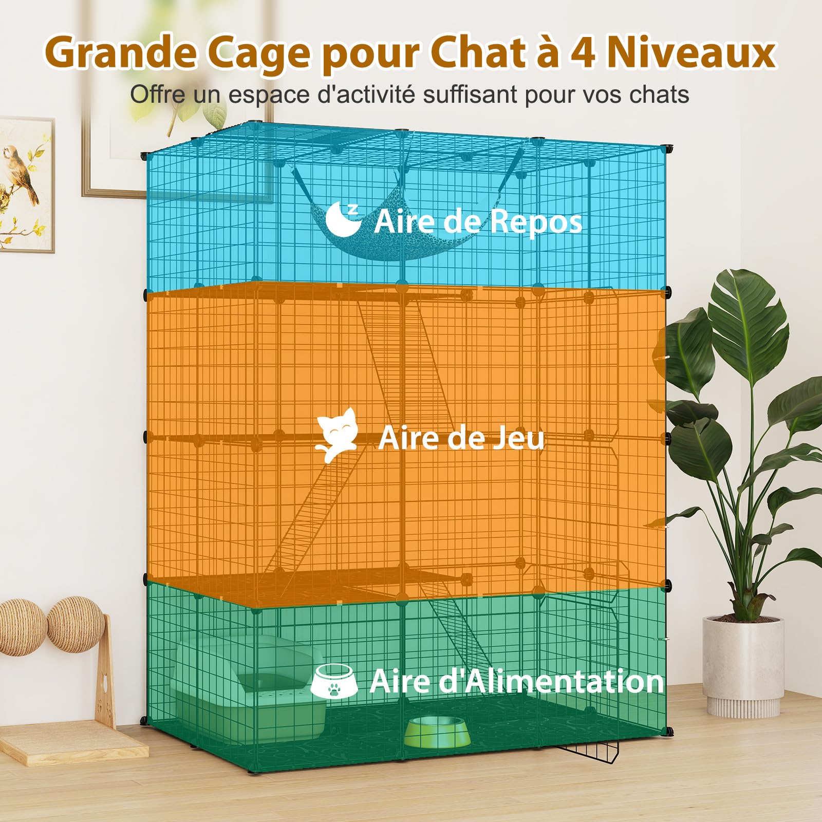 GOPLUS Cage pour Chat Chien, 4 Niveaux avec Hamac, Échelle, Fenêtre de Ciel, Grand Enclos pour Chats en Métal, Noir (109,5x74x142cm)