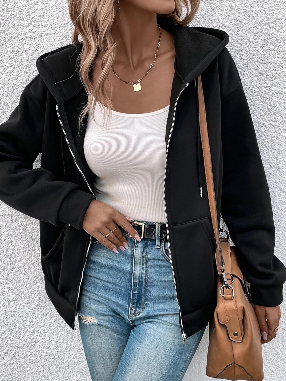 Women's Trench Coat Casual Drop Shoulder Drawstring Zipper Hooded Jacket Long Sleeve Classic Overcoat