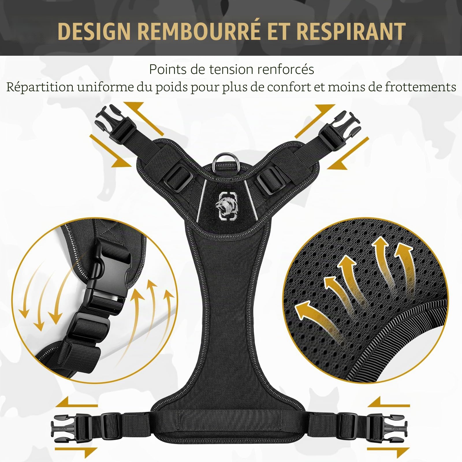 OneTigris Tactilite Harnais Tactique Durable pour Chien de Grande Taille, Anti-Traction, Harnais de Poitrine réglable sans Traction, avec 4 Anneaux en D, Bandes réfléchissantes, Noir, Taille XL
