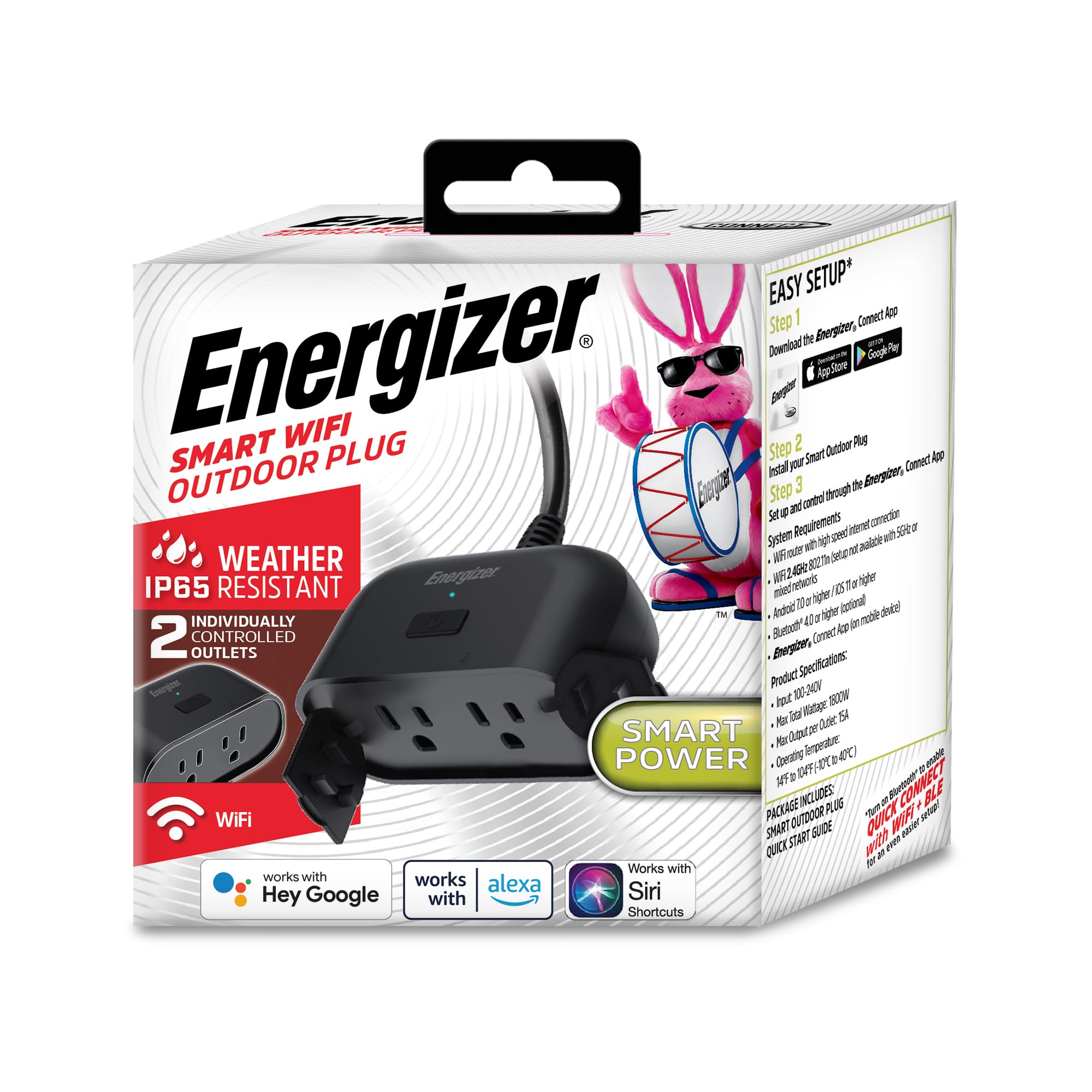 Energizer Smart Wi-Fi Outdoor Plug Water-Resistant 2 Individually Controlled Outlets Customizable Schedules Remote Access with App Compatible with