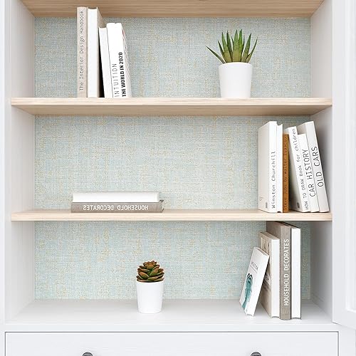 Miniatura 7 de VEELIKE Papel tapiz de tela de lino azul dorado con textura de 15.7 x 118 pulgadas, autoadhesivo, extraíble, de tela de lino azul, papel de contacto