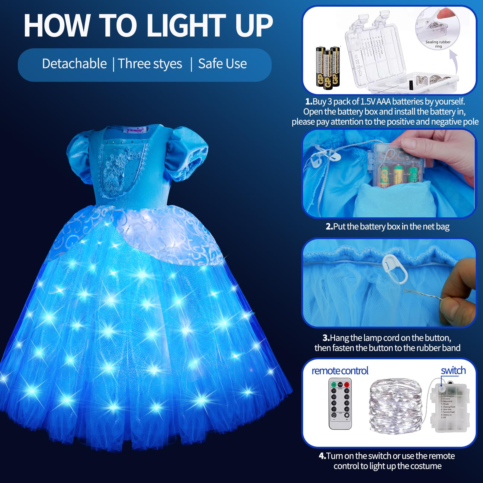 VIPten Light Up Princess Dress Girls Toddler Blue Princess Costume Children's Halloween Cosplay Princess Dress (Blue, 3-4 Years) - Image 2
