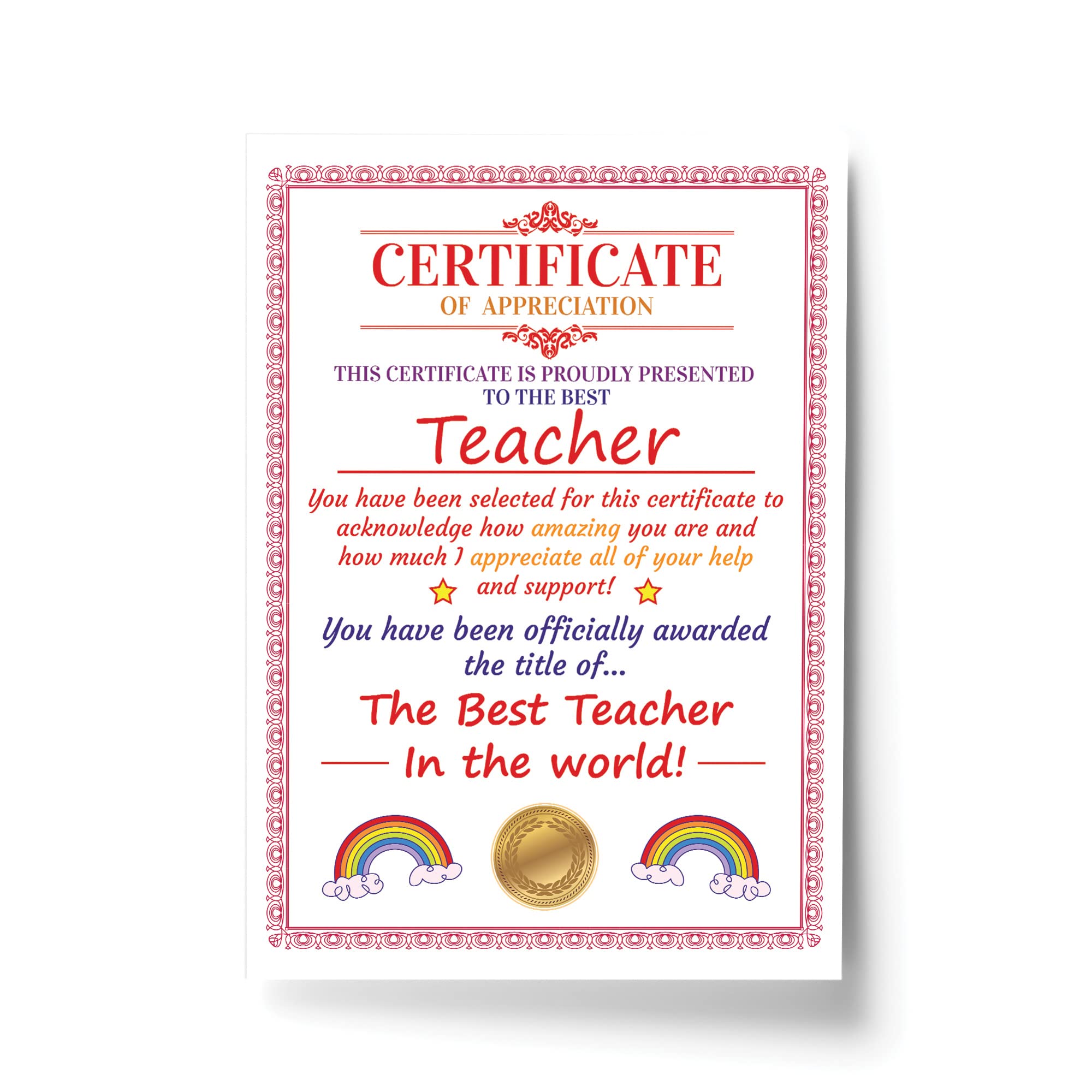 RED OCEAN Teacher Gifts Thank You Gift For Him Her A4 Certificate Leaving School Gift Keepsake