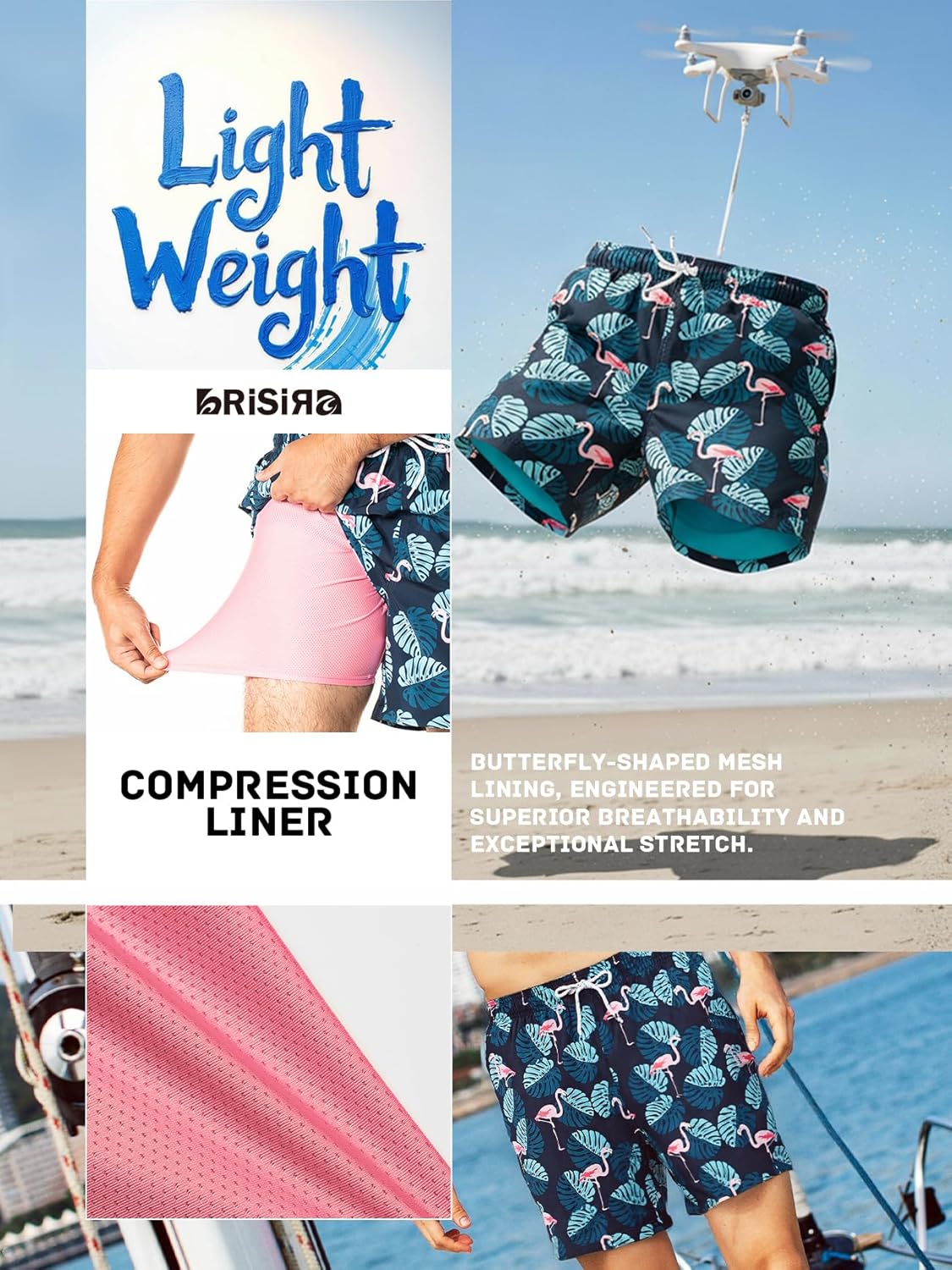 BRISIRA Mens Swim Trunks 5 Inch Compression Liner Beach Swim Shorts Bathing Suit Quick Dry 4-Way Stretch Pockets