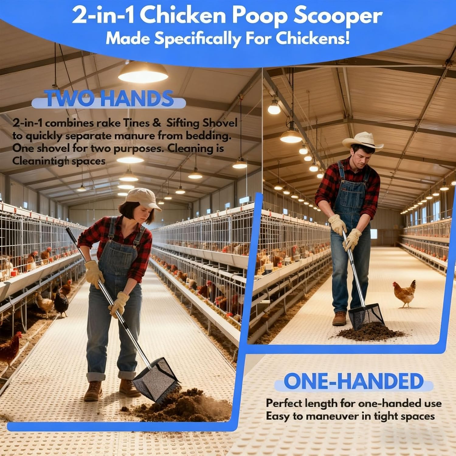 Fabater Chicken Poop Scooper & Rake, 2 in 1 Metal Chicken Coop Scooper for Sand with Adjustable Stainless Steel Handle, Litter Sifting Shovel for Chicken Coop Pet Waste