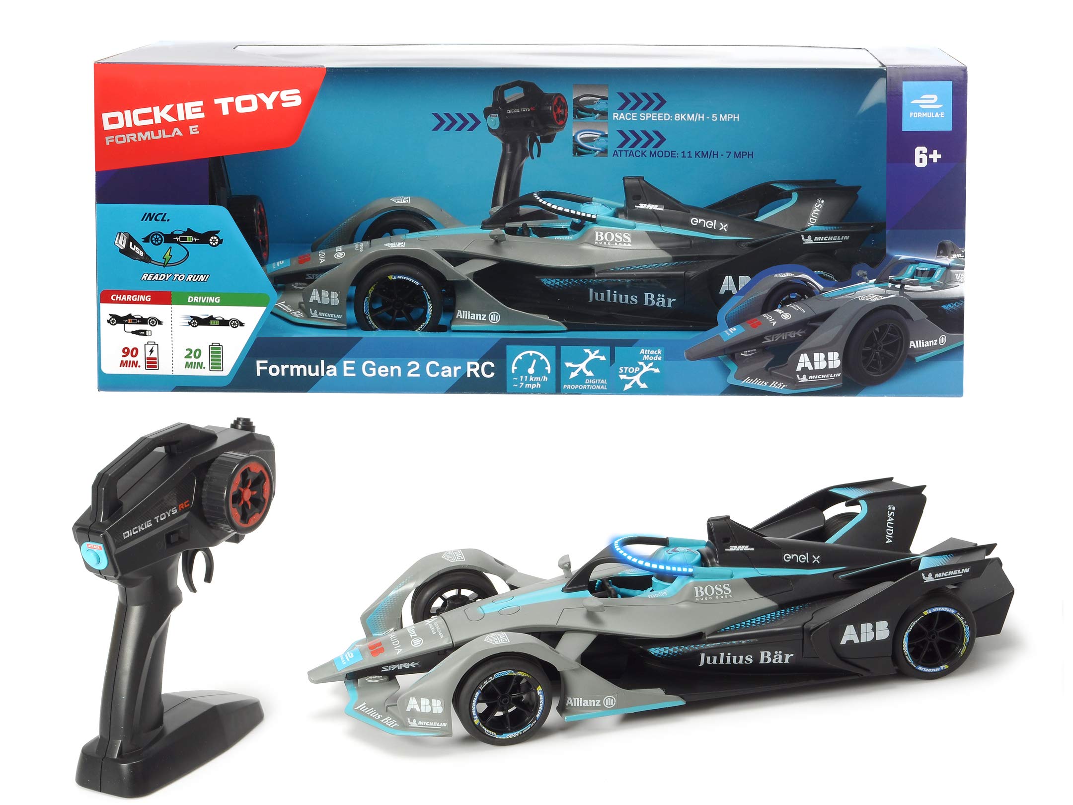 Dickie Toys Formula E Gen2 samochód wyścigowy RC, kontroler pistoletu, tryb ataku, efekt świetlny halo, 8 do maks. 11 km/h, funkcja ładowania USB, w zestawie baterie, 36 cm, od 6 lat