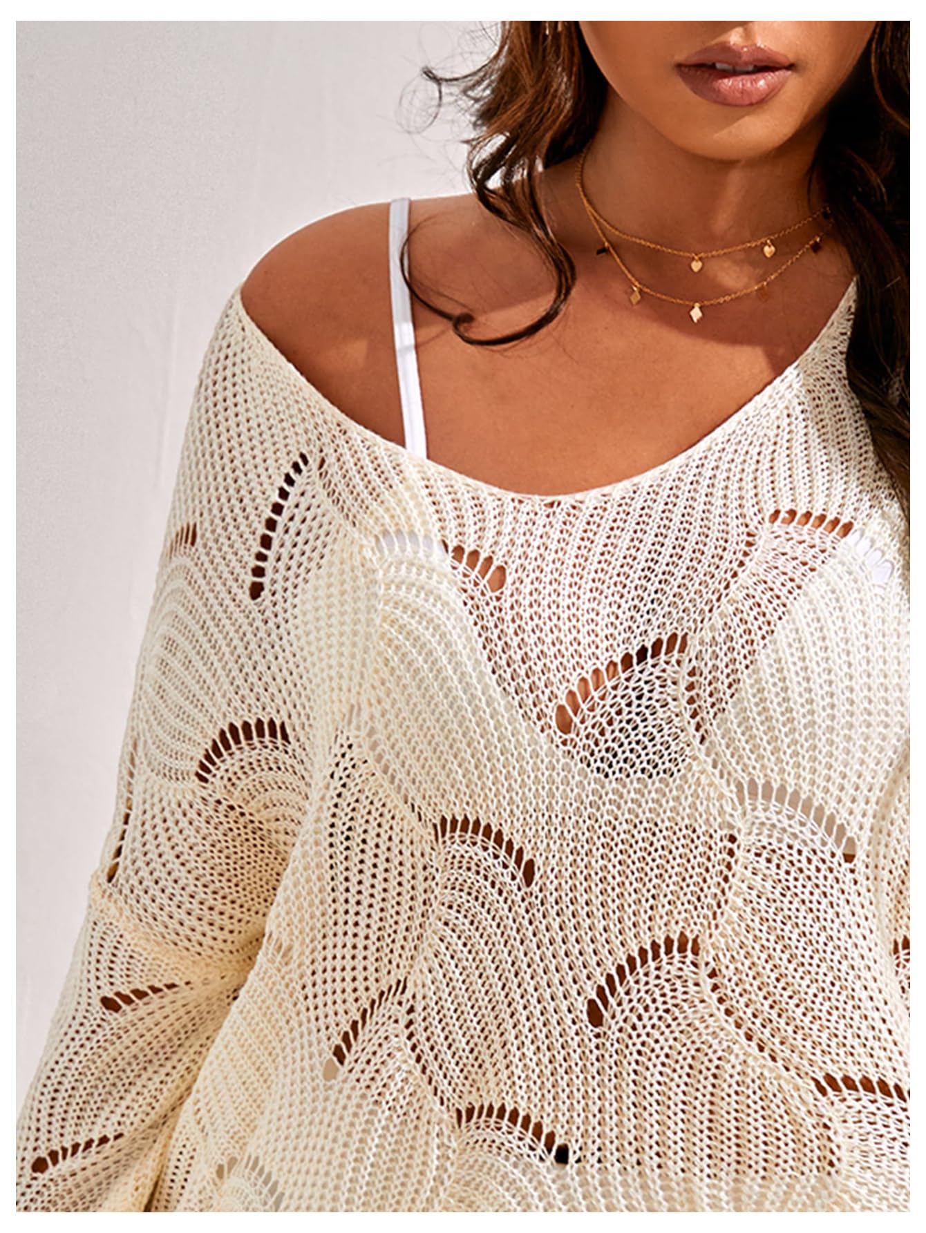 Costume da Bagno Donna Taglie Forti Copricostume all'Uncinetto con Scollo A V Abito Spiaggia Beige XX-Large Plus(Large Plus)