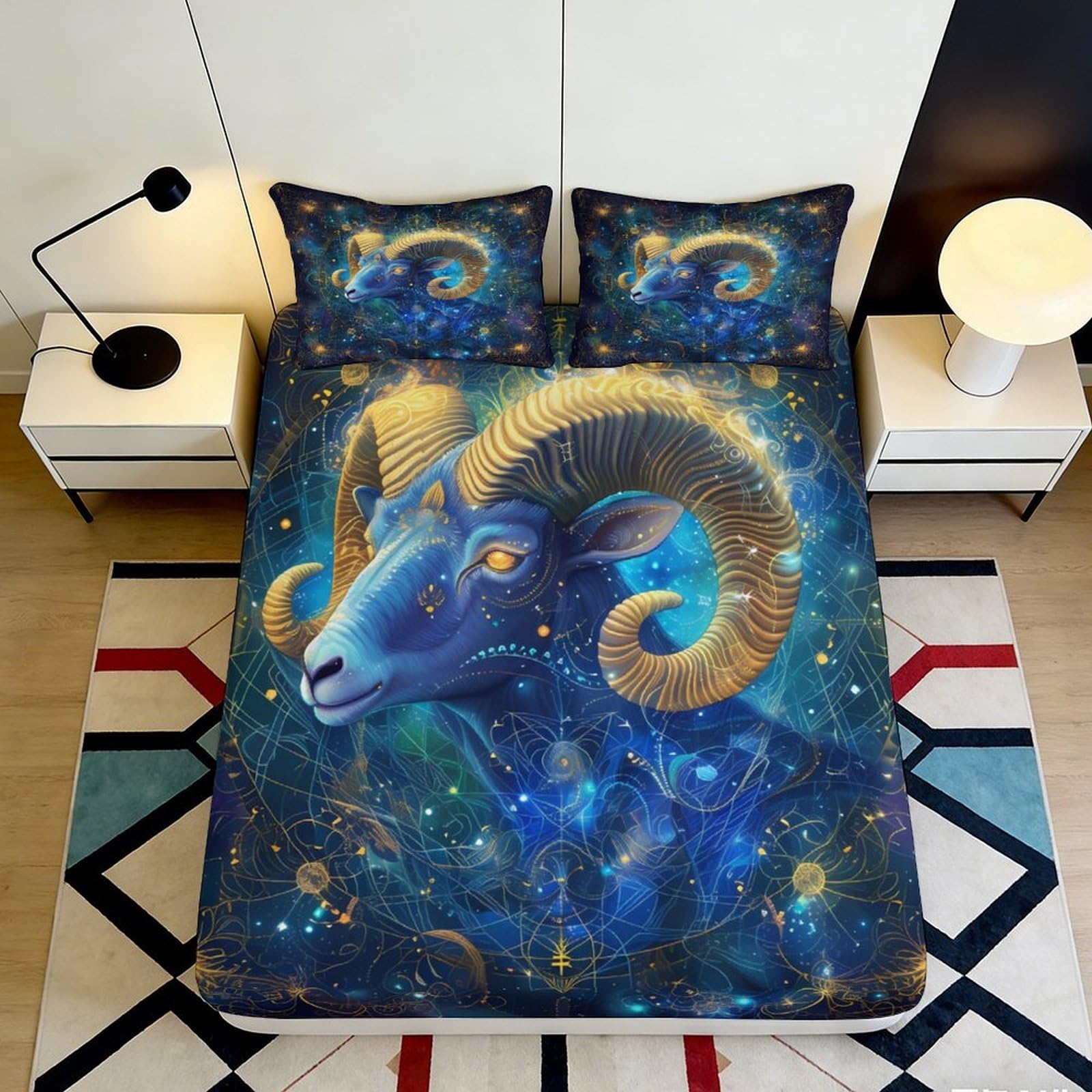 Pnayamiorkfel Style-5 3D Printed Zodiac Aries Fitted Sheet Microfiber Blue Gold Cosmic Nebula Mattress Cover For Bedroom Home Decor 90X200x25cm