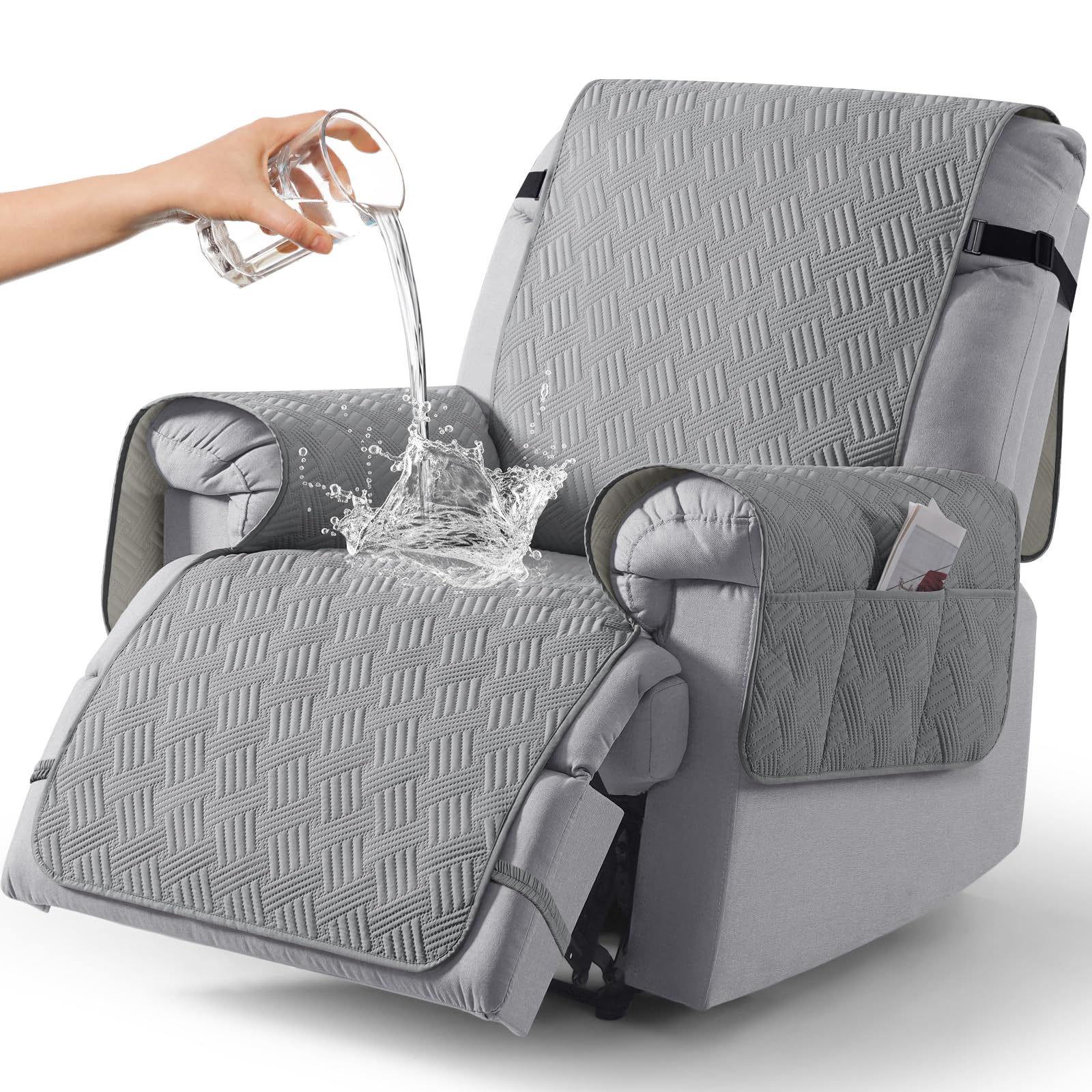 KinCam Funda Sillon Relax reclinable, Impermeable Funda para Sillón Relax con Bolsillo Laterales y Correas elásticas para Perros y Mascotas, Suave y Lavable Funda Sofa 1 Plaza Gris Claro