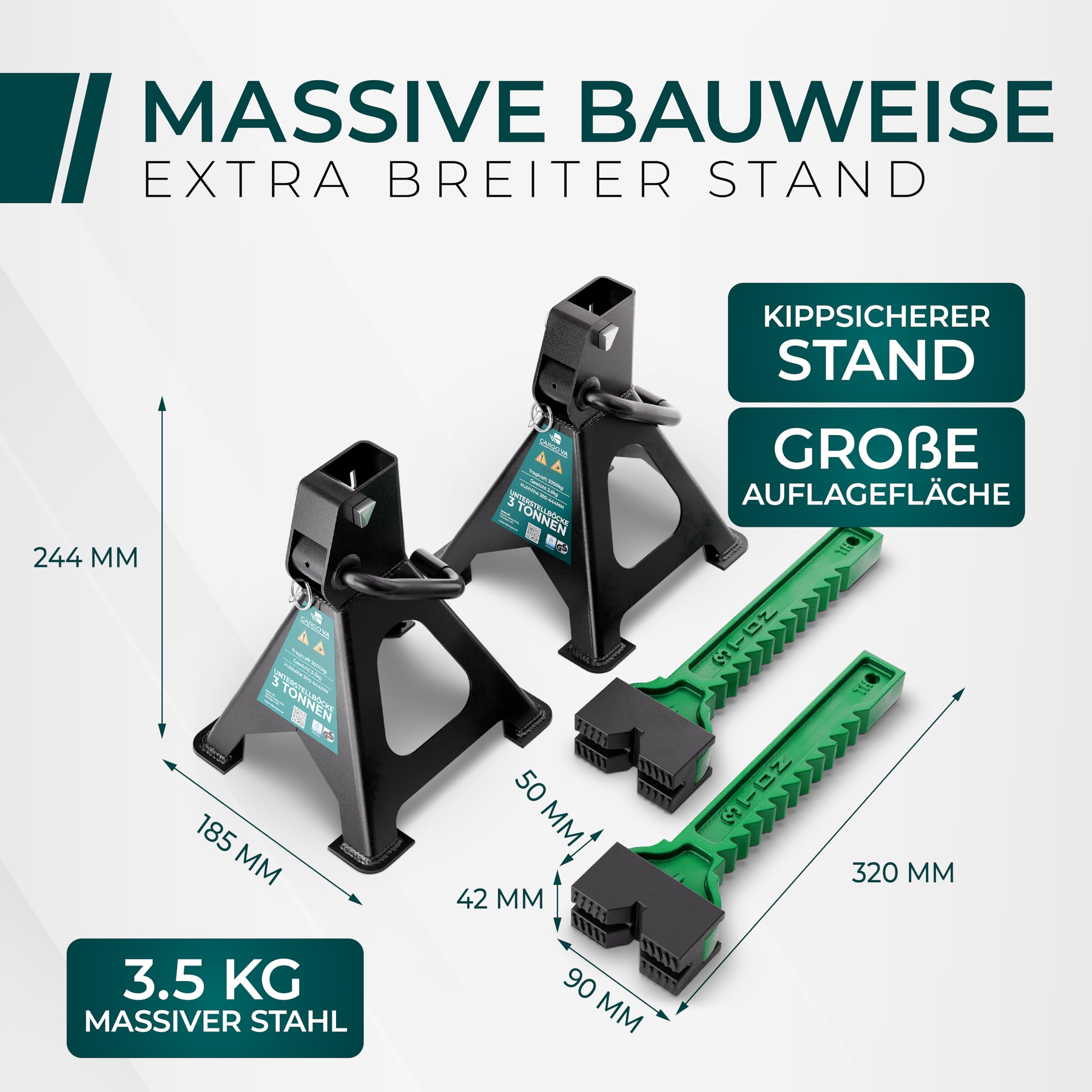 CargoVA® Unterstellbock 3T [2er Set] mit Gummiauflage – TÜV GS Geprüft & Höhenverstellbar (300-444mm) – 3000kg Unterstellböcke KFZ mit Doppel-Sicherung – Auto Böcke für PKW & SUV