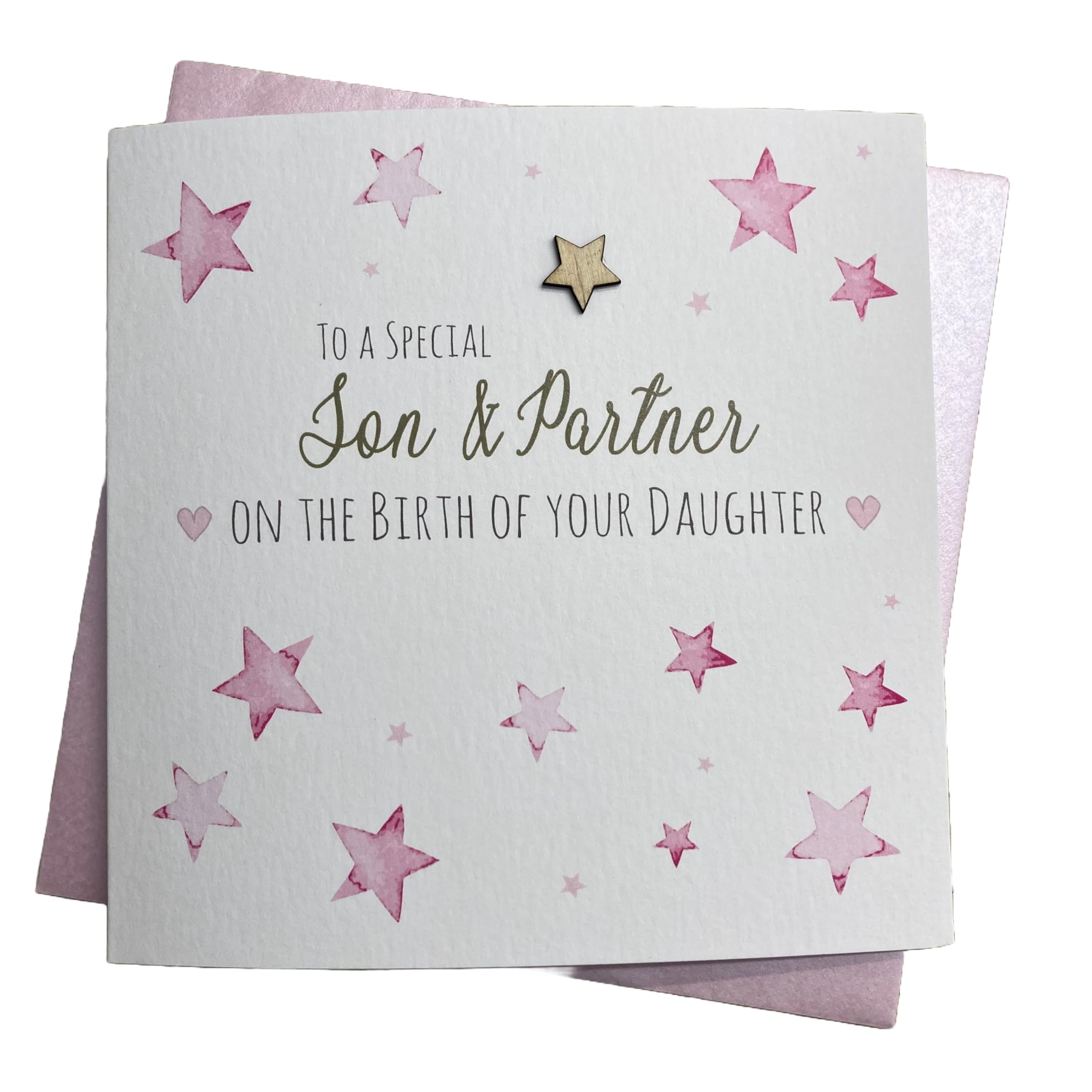 WHITE COTTON CARDS SON & PARTNER - BIRTH OF DAUGHTER - PINK STARS NEW BABY CARD, HANDMADE (S521)