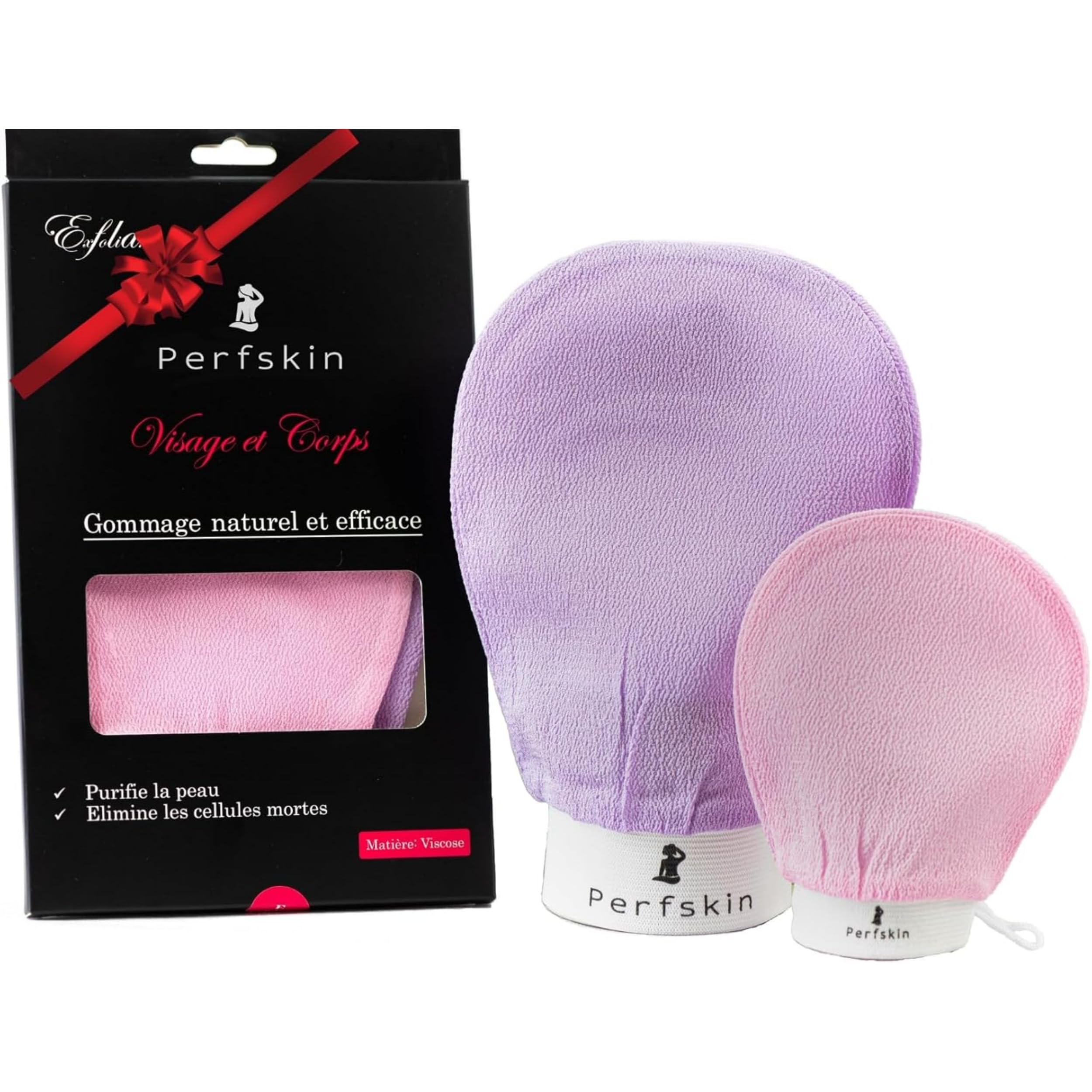 2 pcs x Gants exfoliants Visage et Corps, gant de Kessa/Crin/Viscose peaux mortes, gommage en profondeur tout en douceur, nettoie et élimine cellules mortes, peau d'orange, cellulaire, taches