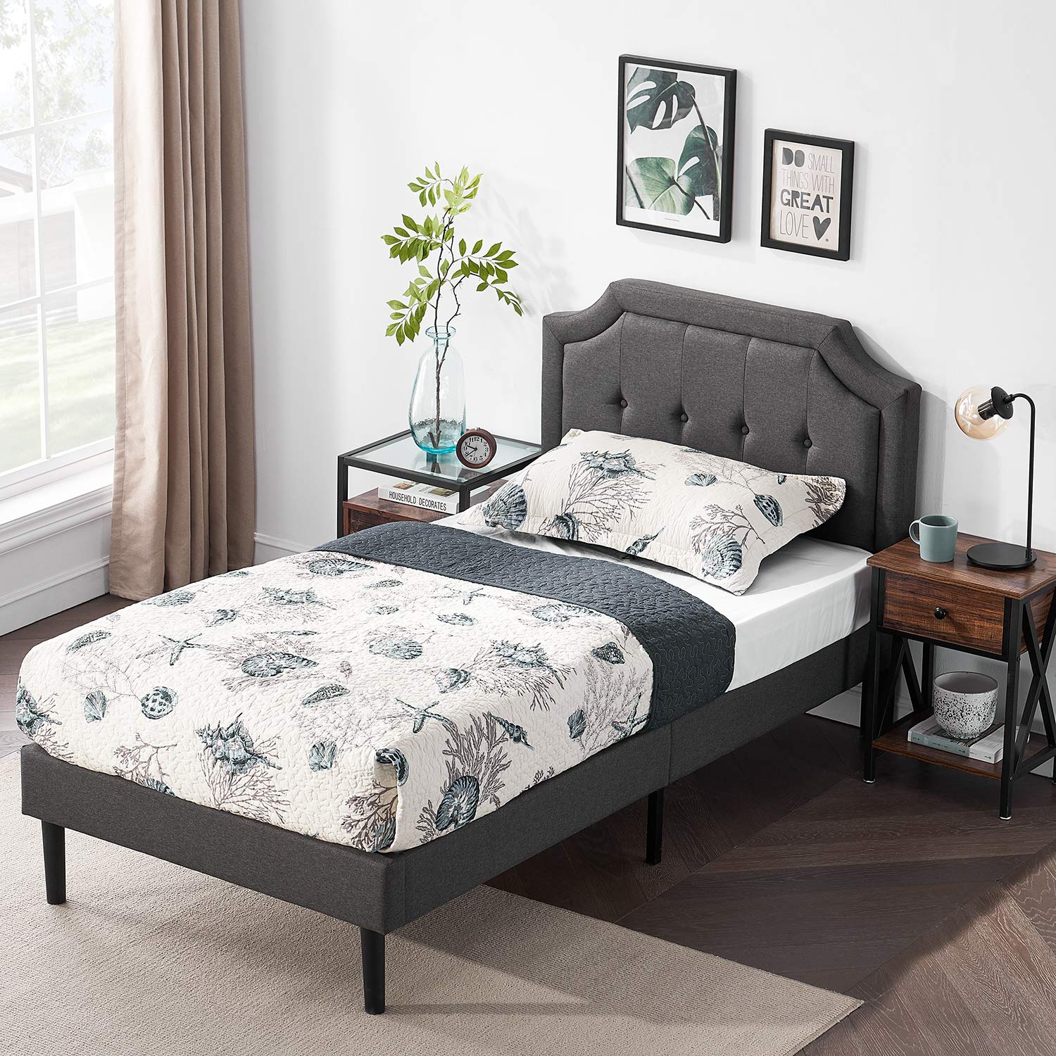 VECELO Premium Upholstered Platform Bed Diamond Stitched Panel Headboa | amzdealz