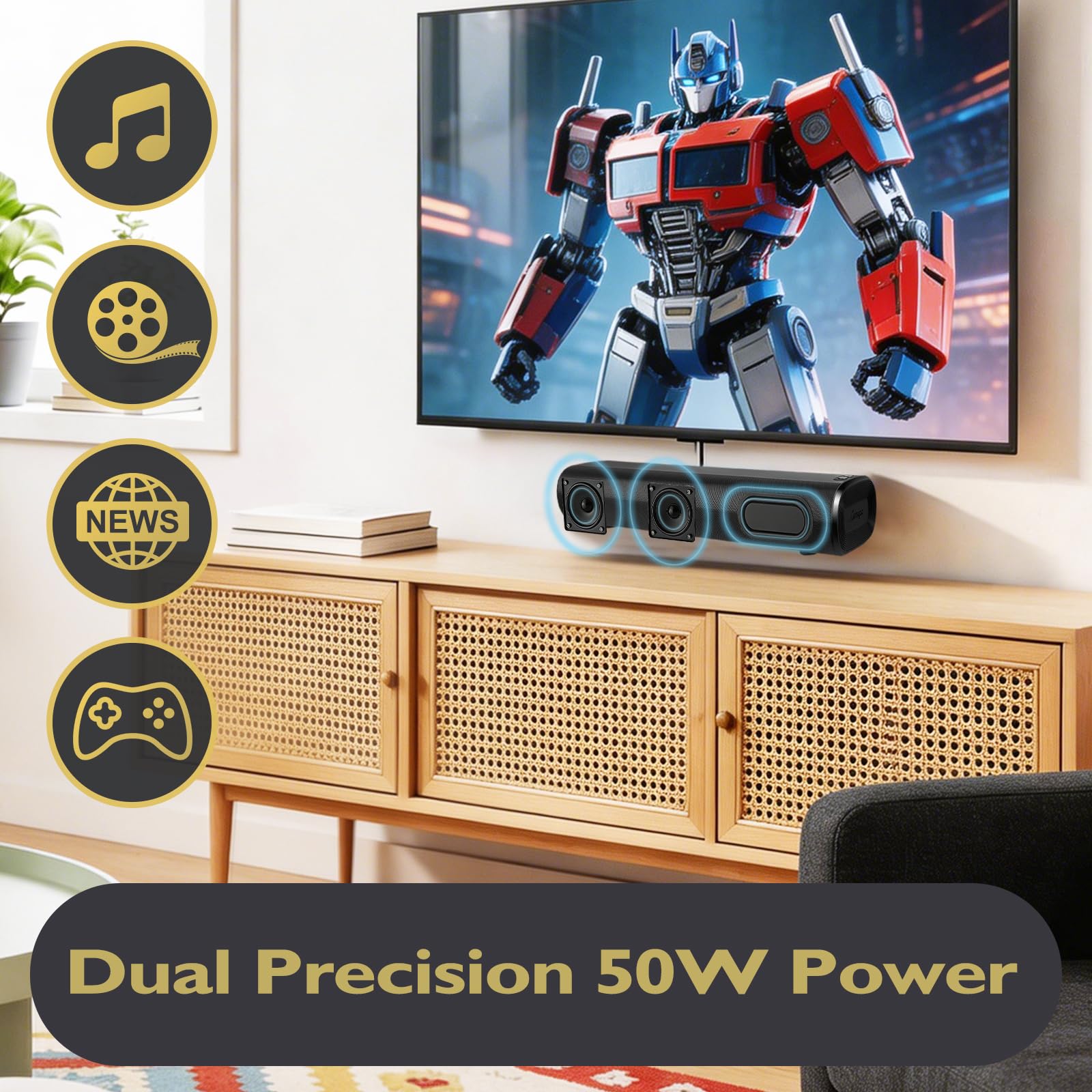 LEMEGA Edge X 2.0 - Barra de sonido para TV con HDMI ARC, altavoz potente de 50 W RMS, transmisión Bluetooth, óptica, AUX y USB, barra de sonido compacta de montaje en pared para juegos y más