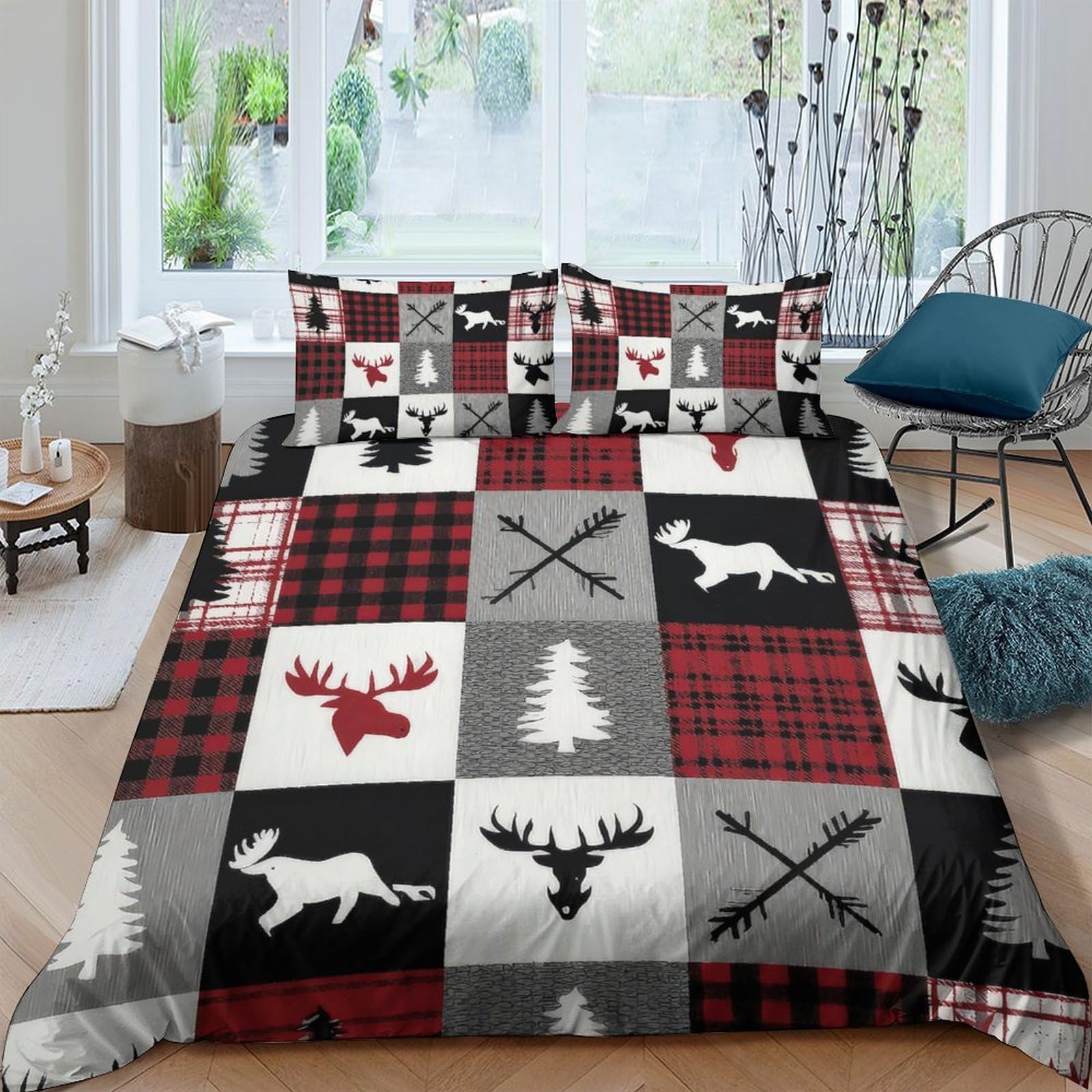 Ctjqhvkz Style-4 3D Printed Plaid Reindeer Fitted Sheet Microfiber Soft Breathable Forest Moose Mattress Cover For Bedroom Lodge Home Decor Single（135X200cm）