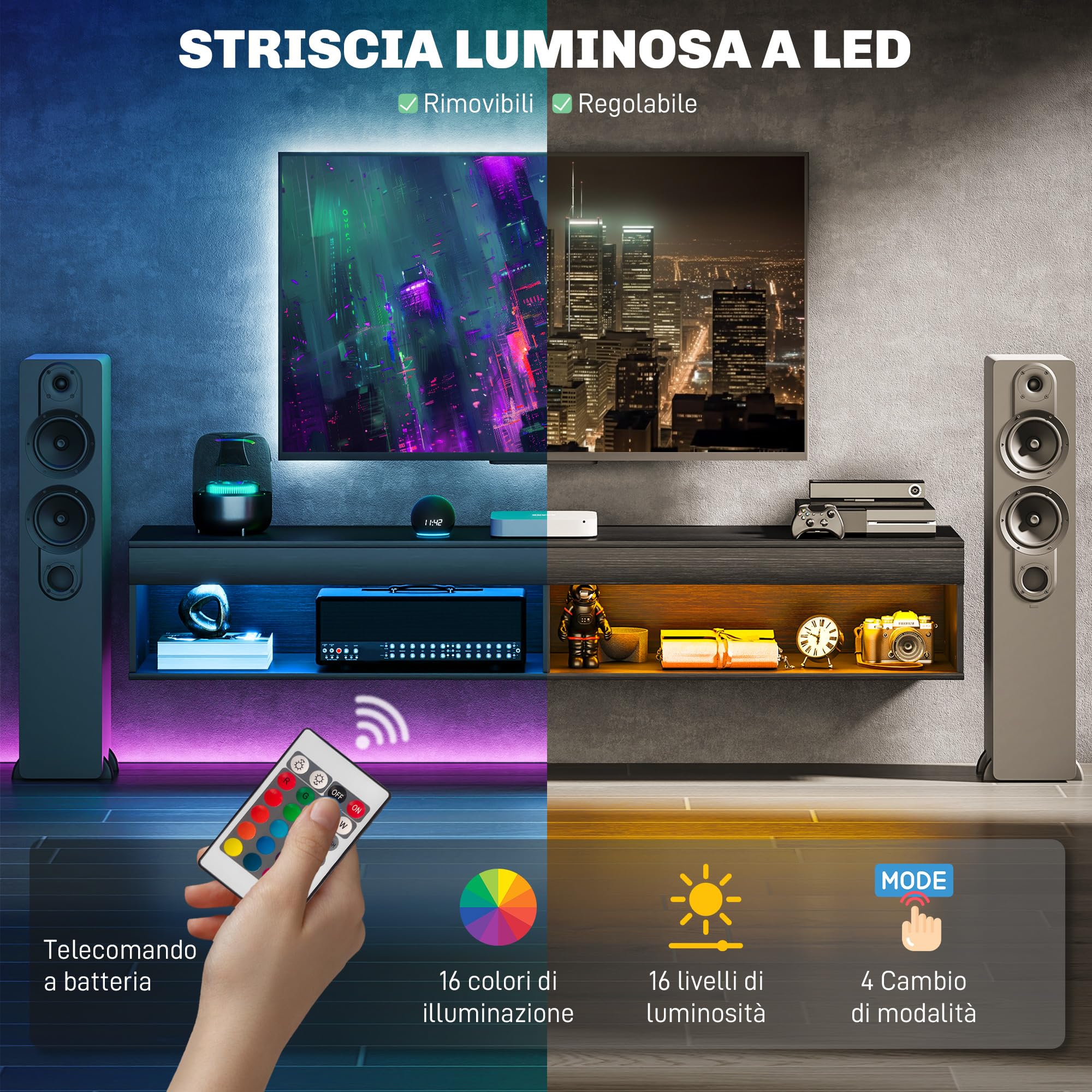 HOMCOM Mobile Porta TV fino 75" Sospeso con Luci LED 16 Colori e Modalità Regolabile con Telecomando, Mobile TV Sospeso in Legno, 180x40x30 cm, Nero