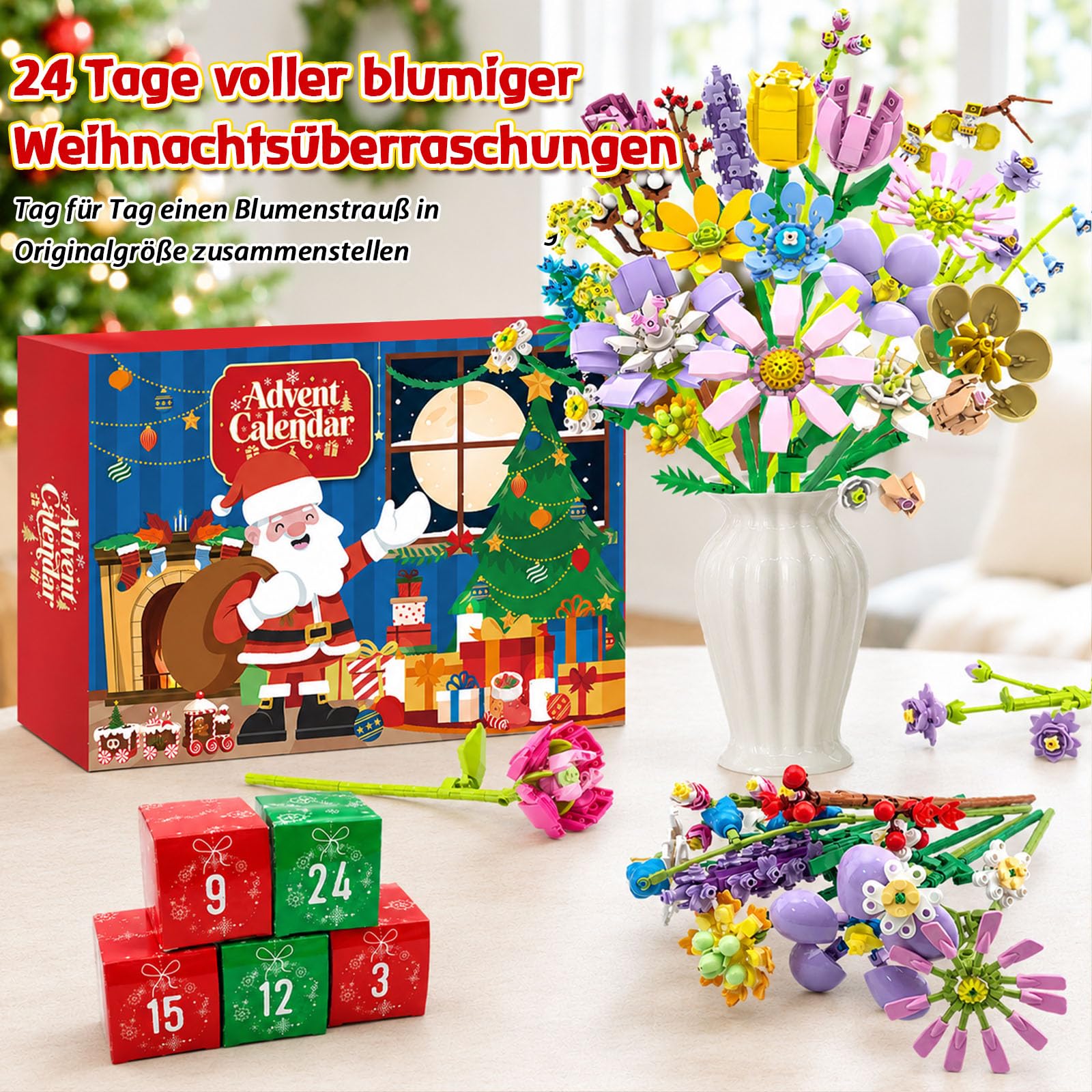 Calendario dell'Avvento 2026 con fiori, per ragazze, regalo per conto alla rovescia di 24 giorni | 24 mazzi di fiori unici, mattoncini ABS da 4,9 mm, compatibili con marche comuni, per adolescenti e donne, dai 8 anni in su