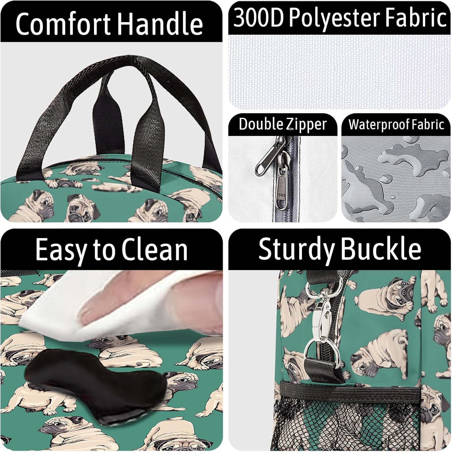 Pug dog Lunch Bag Reusable Insulated Lunch Box Large Capacity Meal Tote for Kids Women Men Cooler Bag Waterproof Adjustable Shoulder Strap dogs Lunch Tote for Work School Picnic Travel Hiking Office