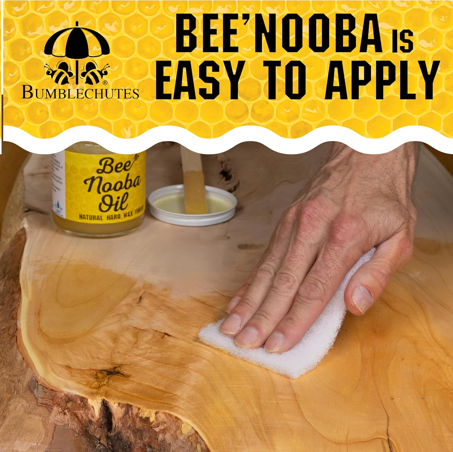 Bumblechutes Bee’Nooba 4 oz Natural Beeswax Wood Oil Finish + 5" Non-Scratch Polishing Pads (10 Pk) – Food-Safe Hard Wax Oil and Buffing Pad Kit for Furniture, Antiques, Woodworking, Metal, and Crafts