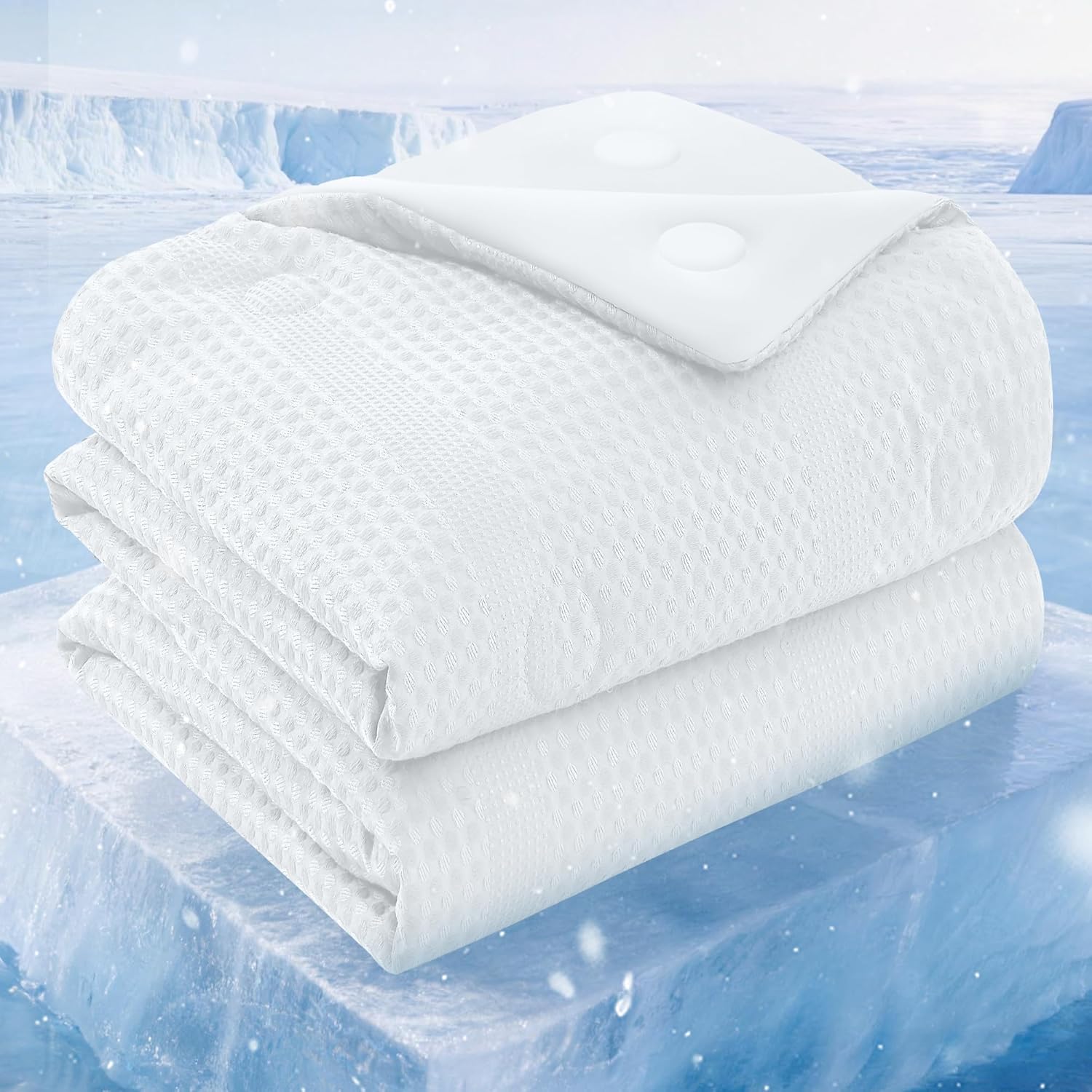 Reversible Cooling Comforter Queen Size, Waffle Weave Cooling Blanket for Hot Sleepers, Lightweight Silk Smooth Summer Bedding, Quilted Ice Blanket, Cloud White