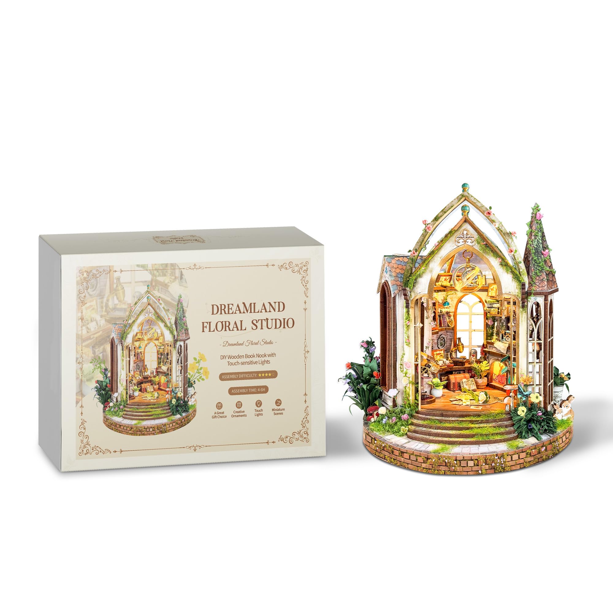 Dreamland Floral Studio - Rincón de libros de bricolaje, kit de casa gótica en miniatura con luces LED, juego de construcción de sujetalibros decorativo para decoración de estanterías, regalo único de