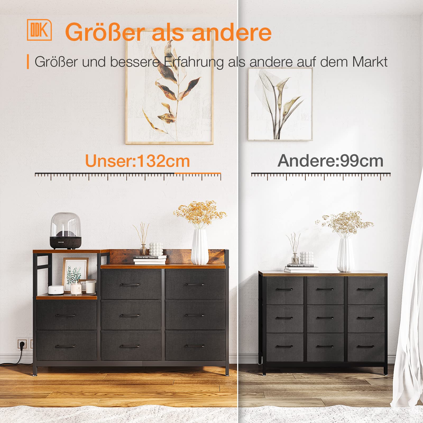 ODK Kommode mit Schubladen, 2 USB & 2 AC-Anschlüssen, 8 Schubladen aus Stoff - Geeignet für Multifunktionaler Schubladenschrank für Schlafzimmer und Wohnzimmer, 132 * 30 * 88 cm,Vintage und Schwarz